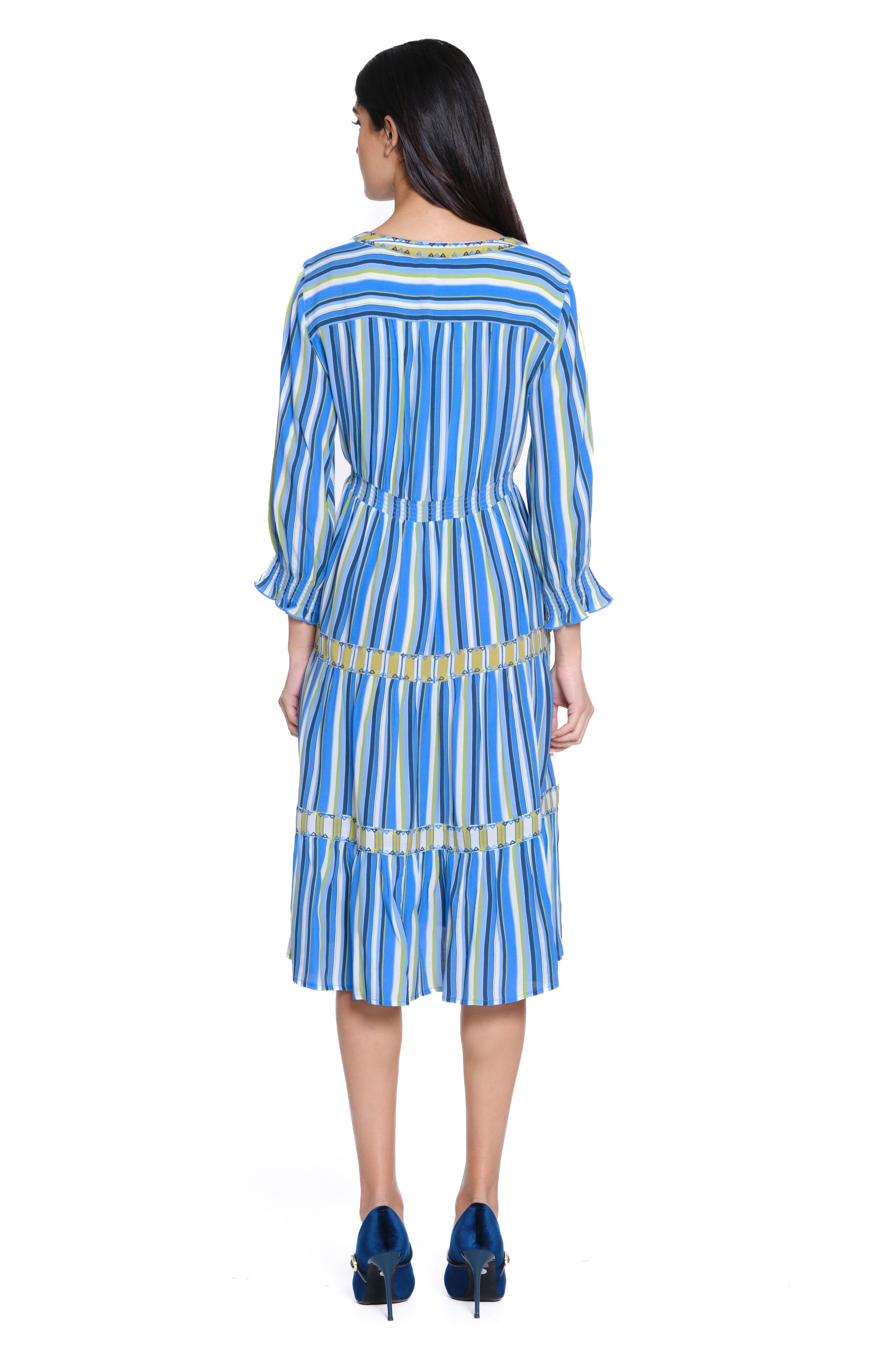 Printed Tiered Popover Dress with Embroidered Details - Blue Stripe