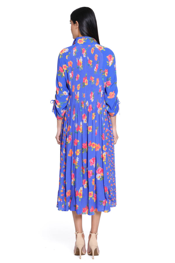 Mixed Print Button-Front Dress - Blue Floral