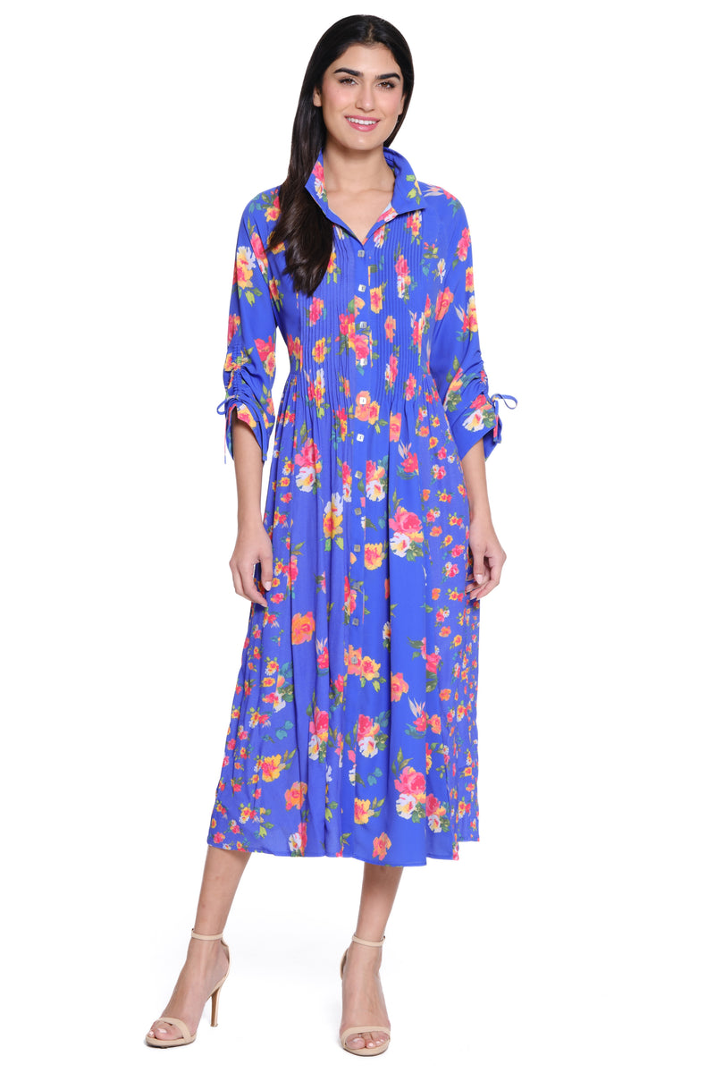 Mixed Print Button-Front Dress - Blue Floral