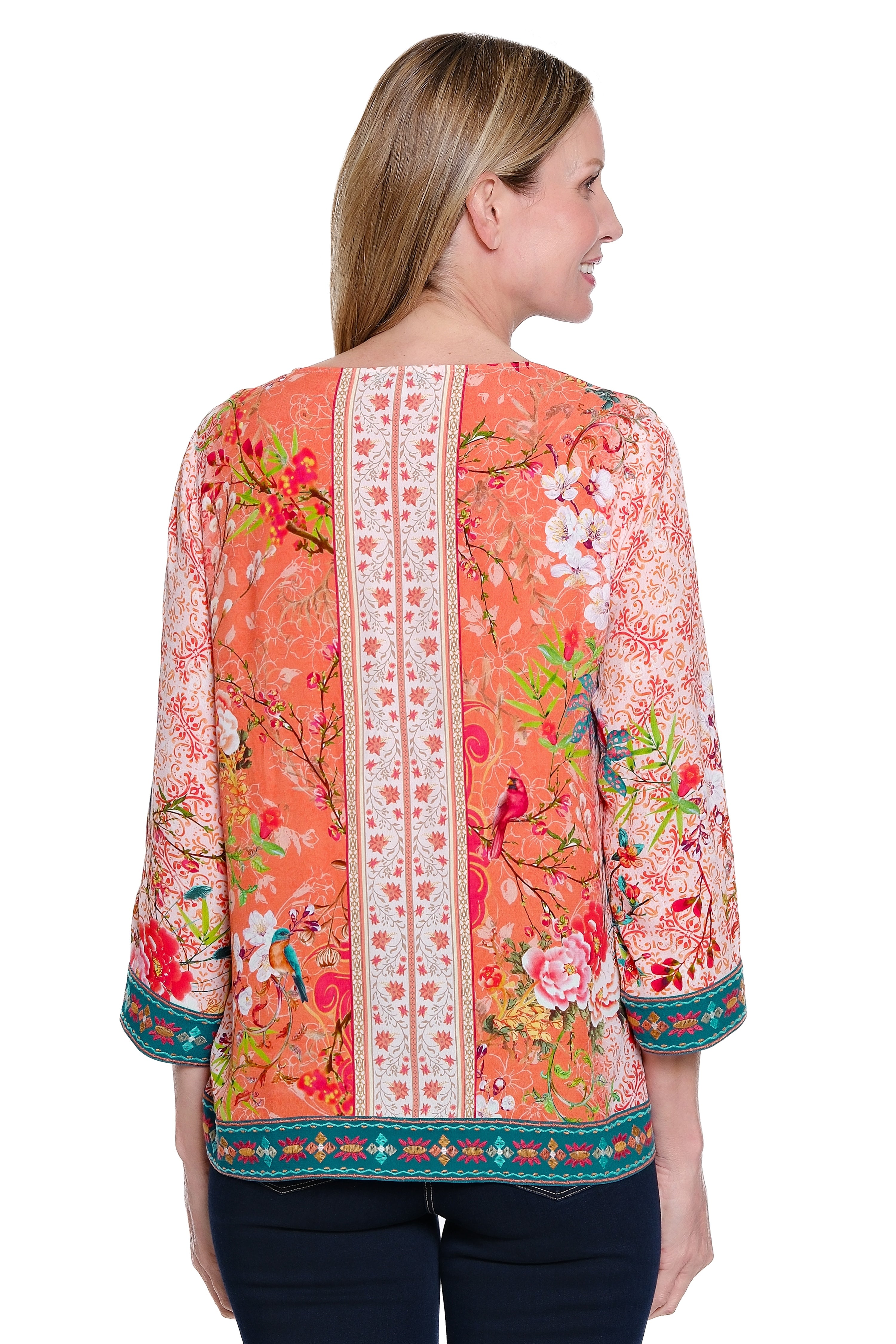 Embroidered V-Neck Top - Melon Print