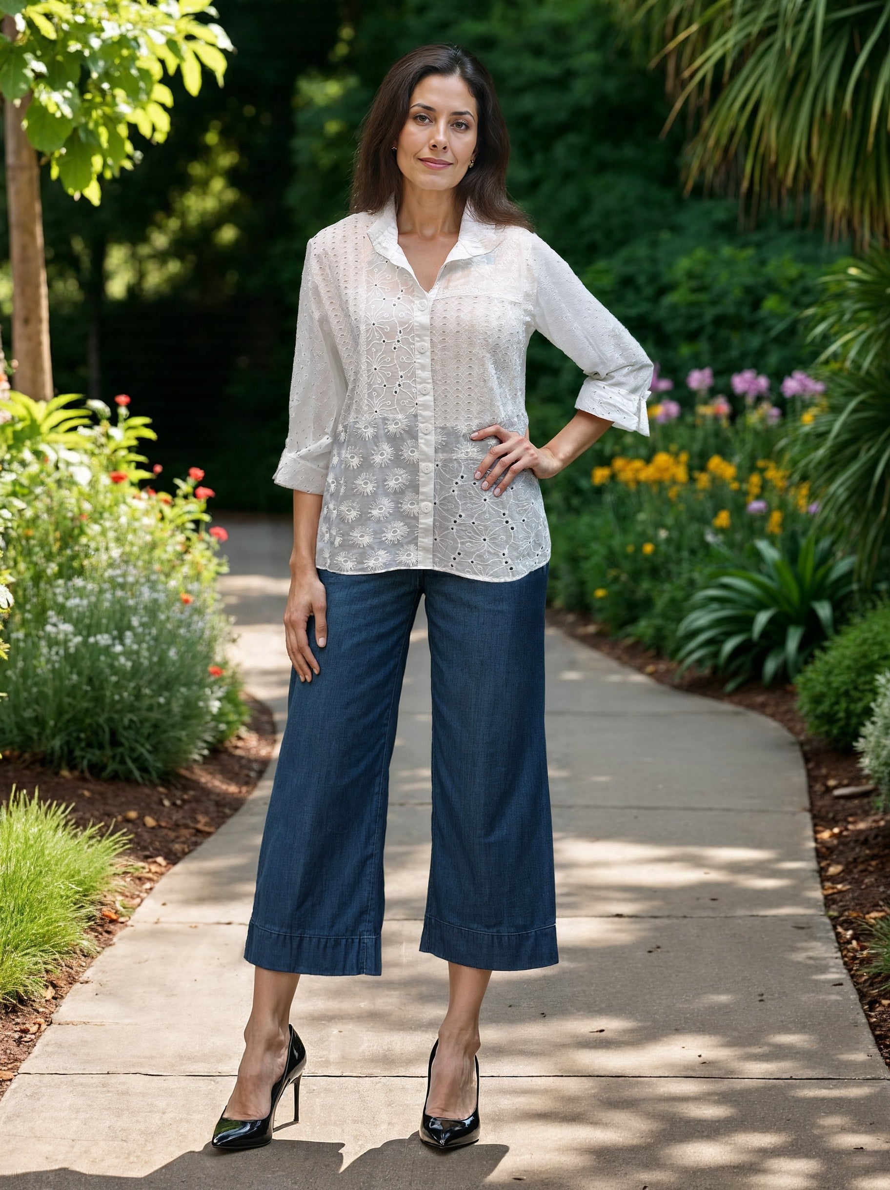 Mixed Eyelet Patched Button-Front Top - Petite - White