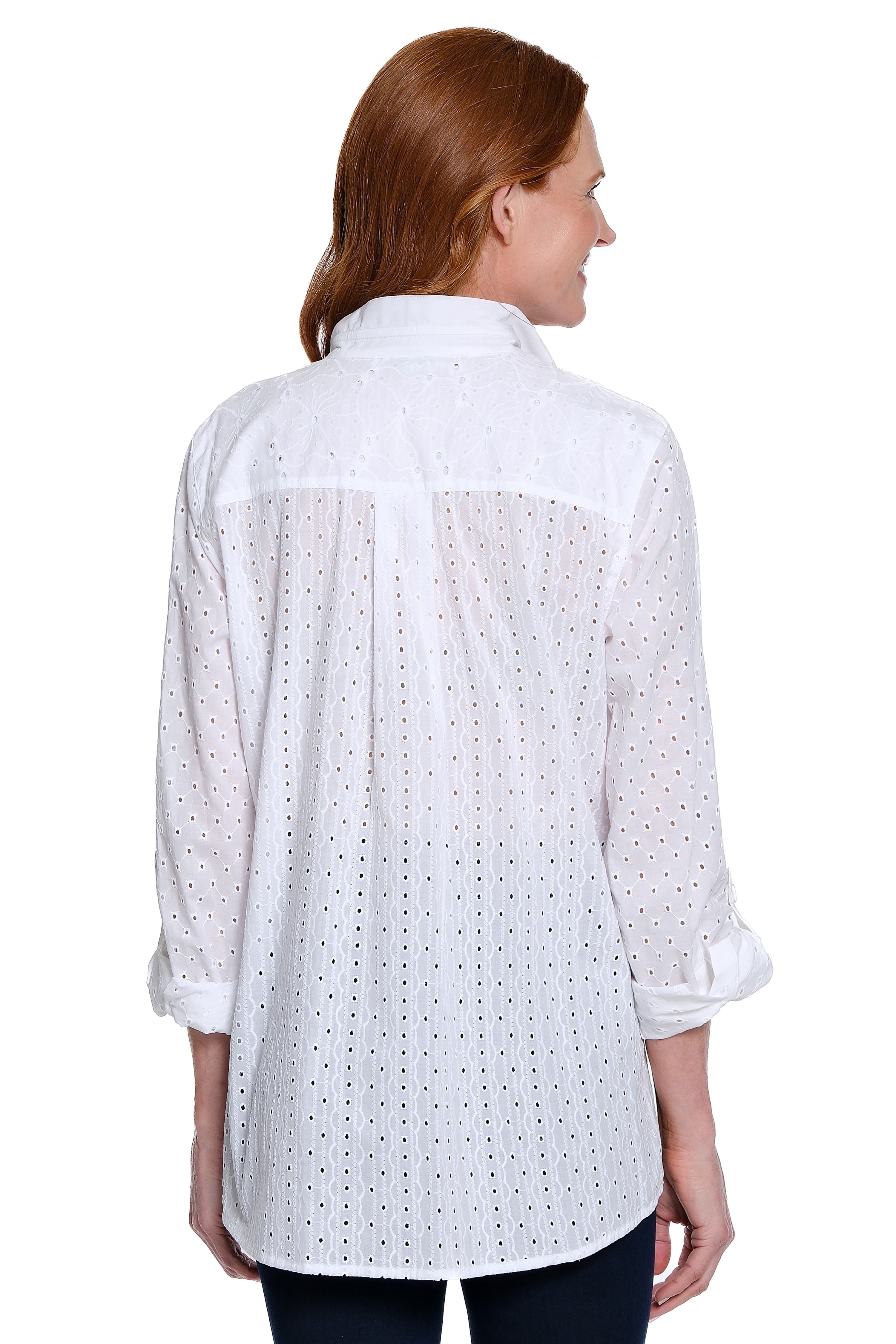 Mixed Eyelet Patched Button-Front Top - White