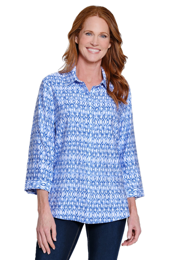 Printed Button-Front & Back Top - Blue Print
