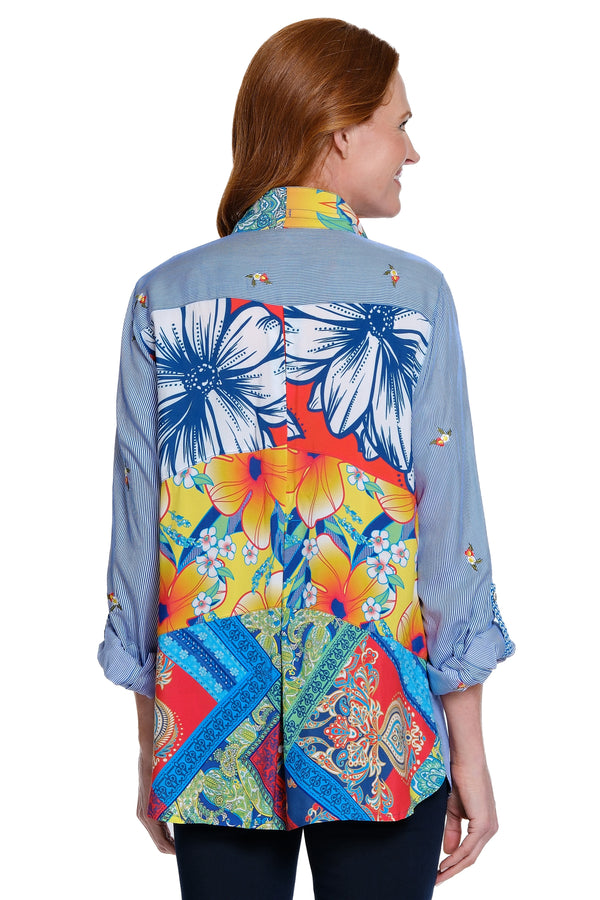 Embroidered Top with Printed Back - Blue Stripe