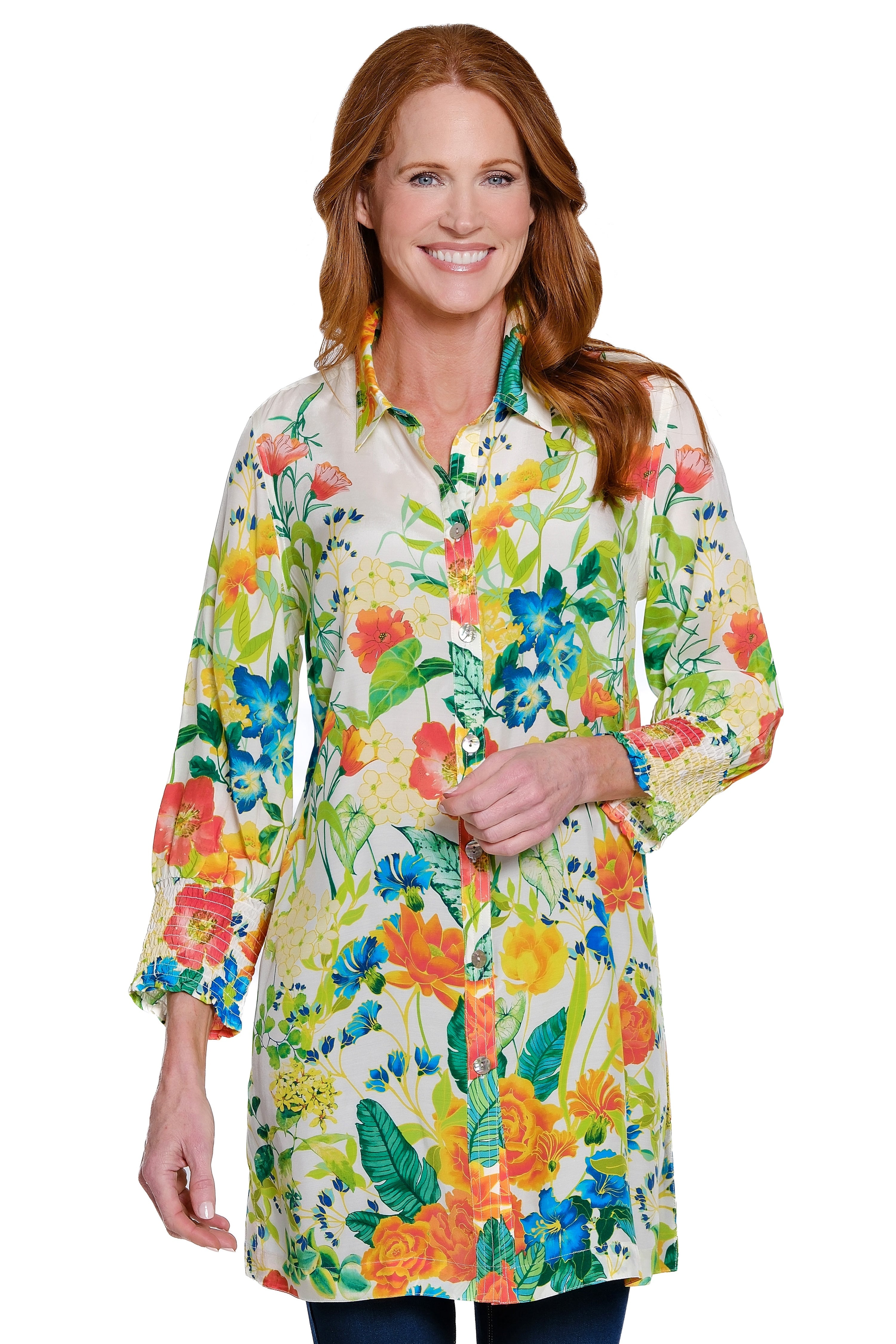 Print Tunic with Shirred Cuff Sleeves - Floral Multi