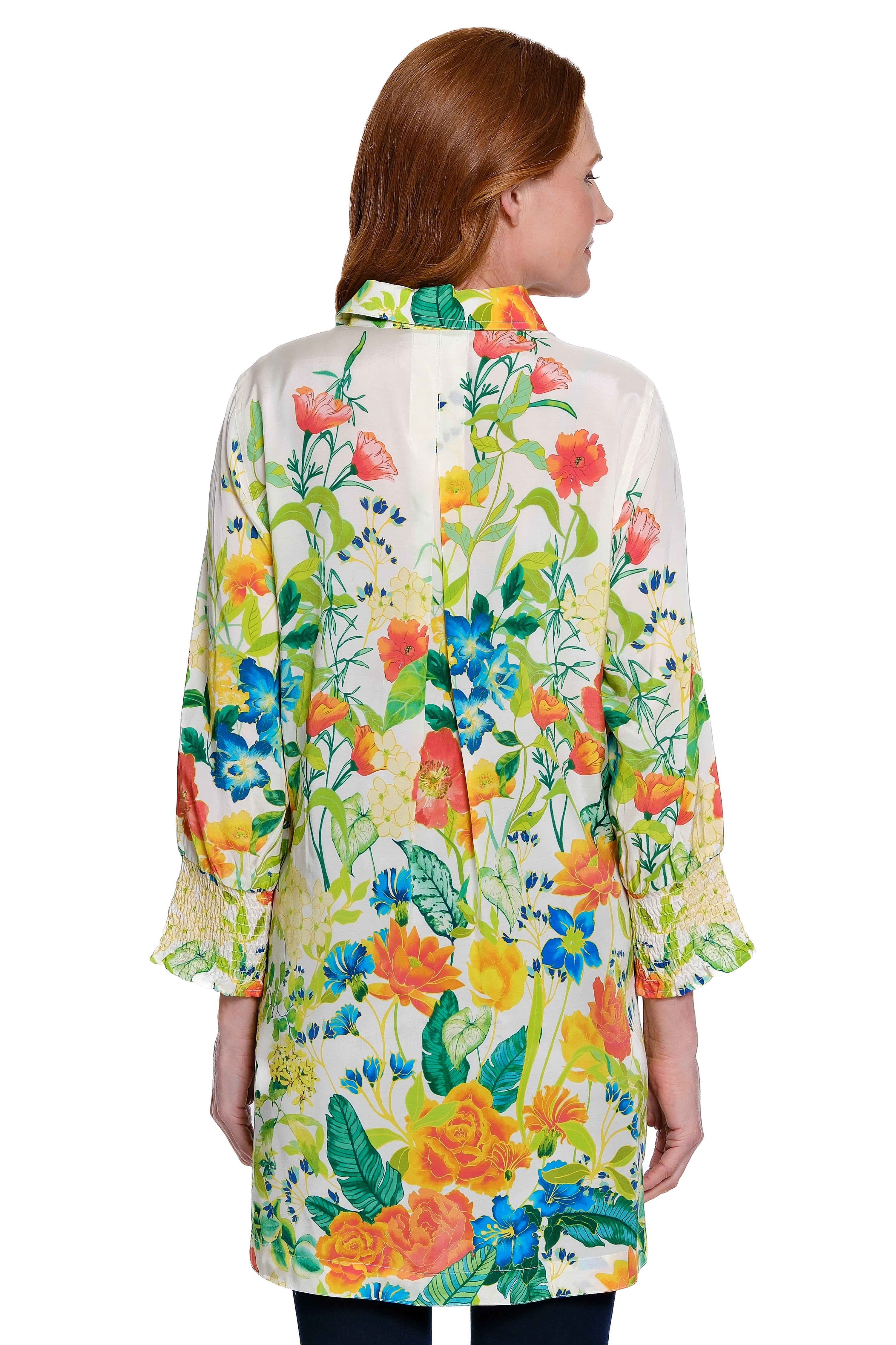 Print Tunic with Shirred Cuff Sleeves - Floral Multi