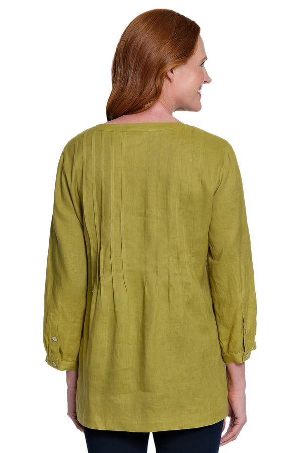 Y-Neck Linen Tunic with Pintuck Details - Chartreuse
