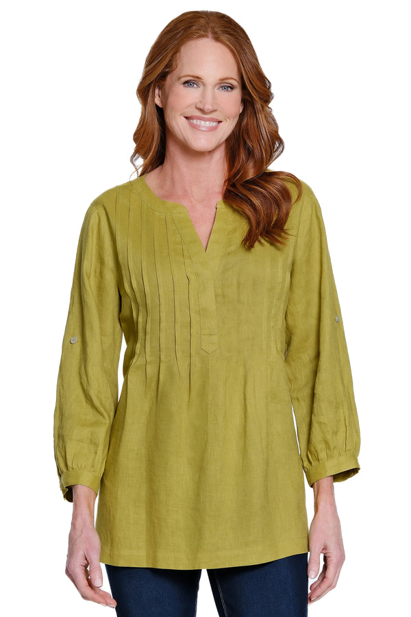 Y-Neck Linen Tunic with Pintuck Details - Chartreuse