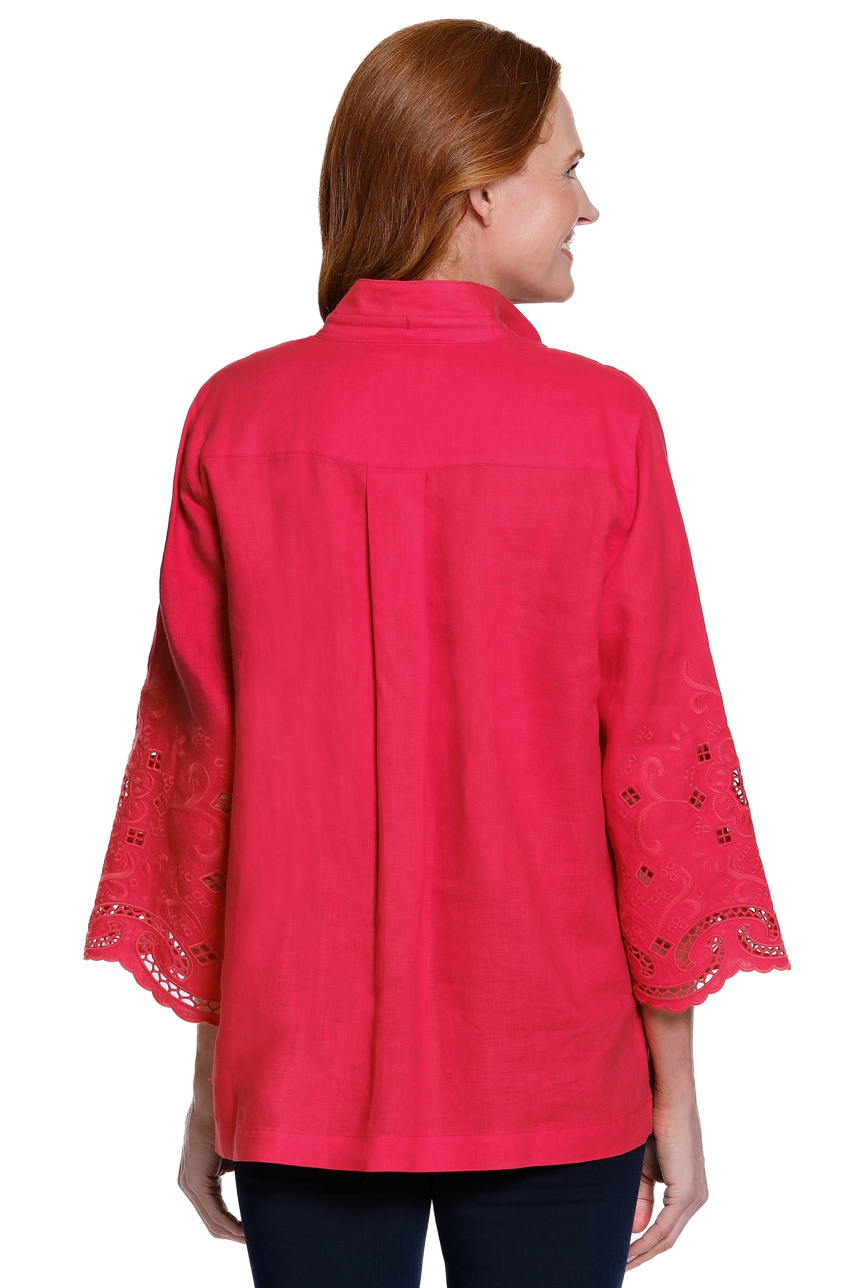 Linen Top with Embroidered Eyelet Sleeves - Petite - Vivid Red