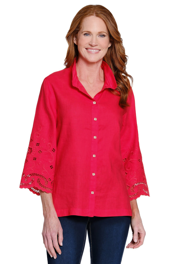 Linen Top with Embroidered Eyelet Sleeves - Vivid Red