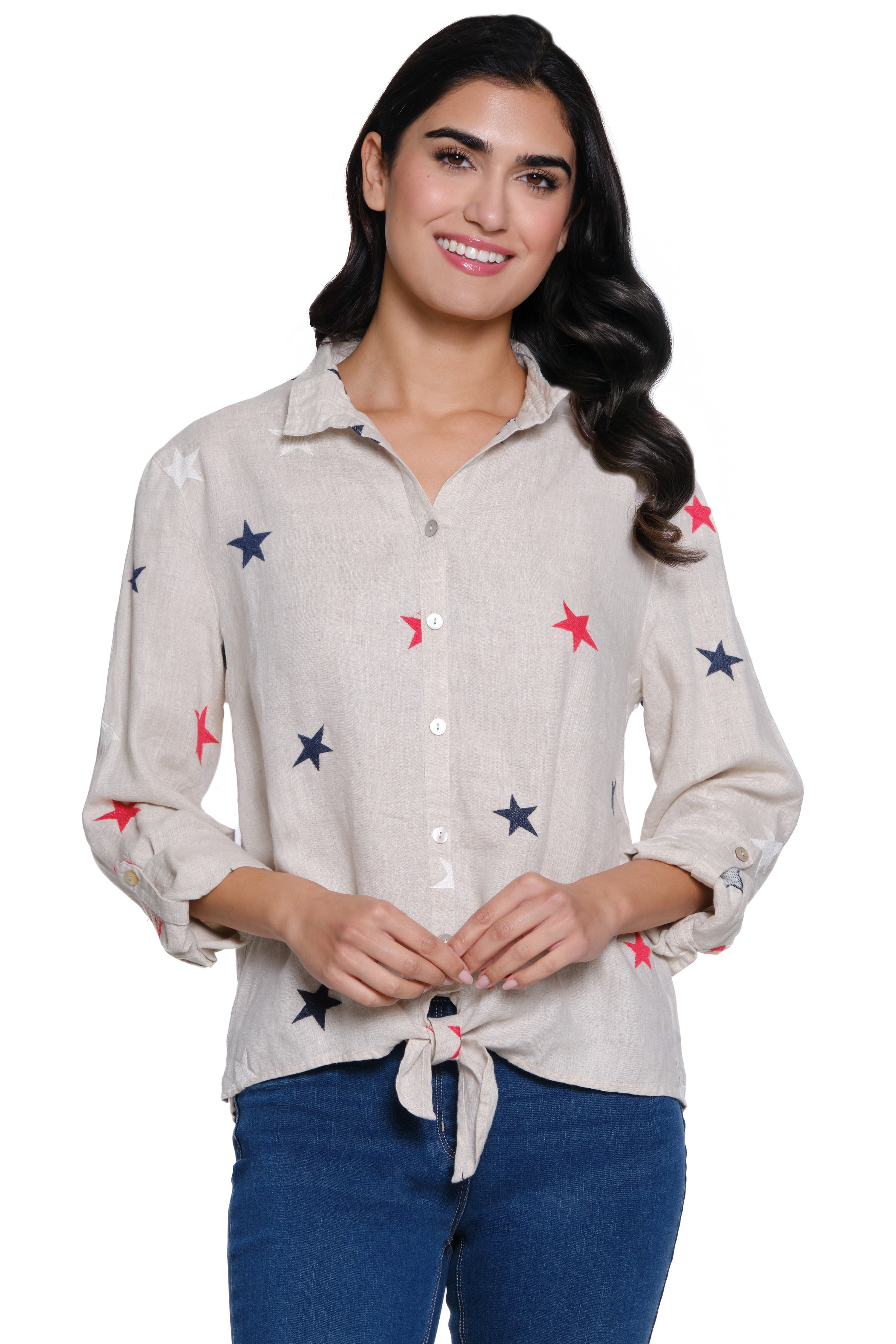 Star Embroidered Linen Tie-Front Top - Flax