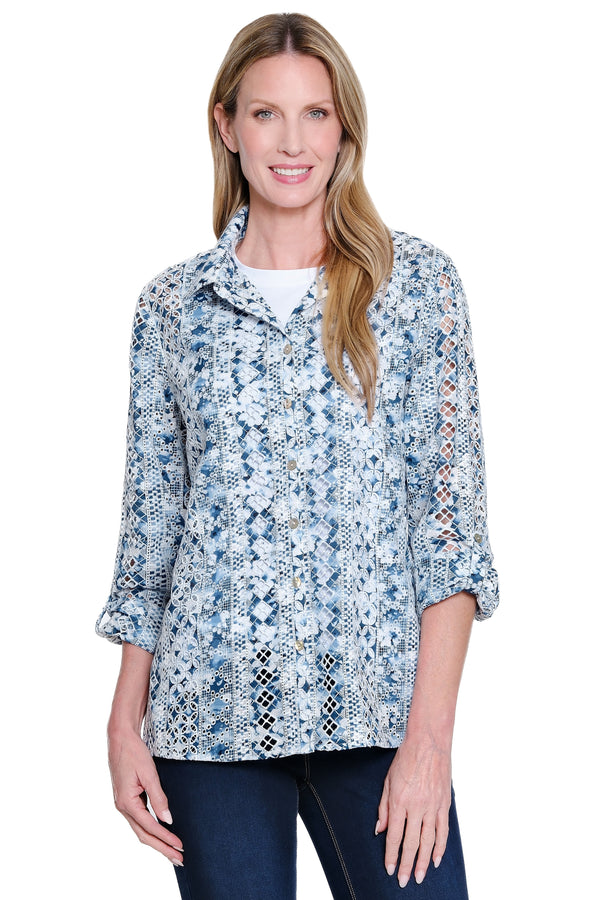 Embroidered Eyelet Printed Button-Front Top - Blue Print