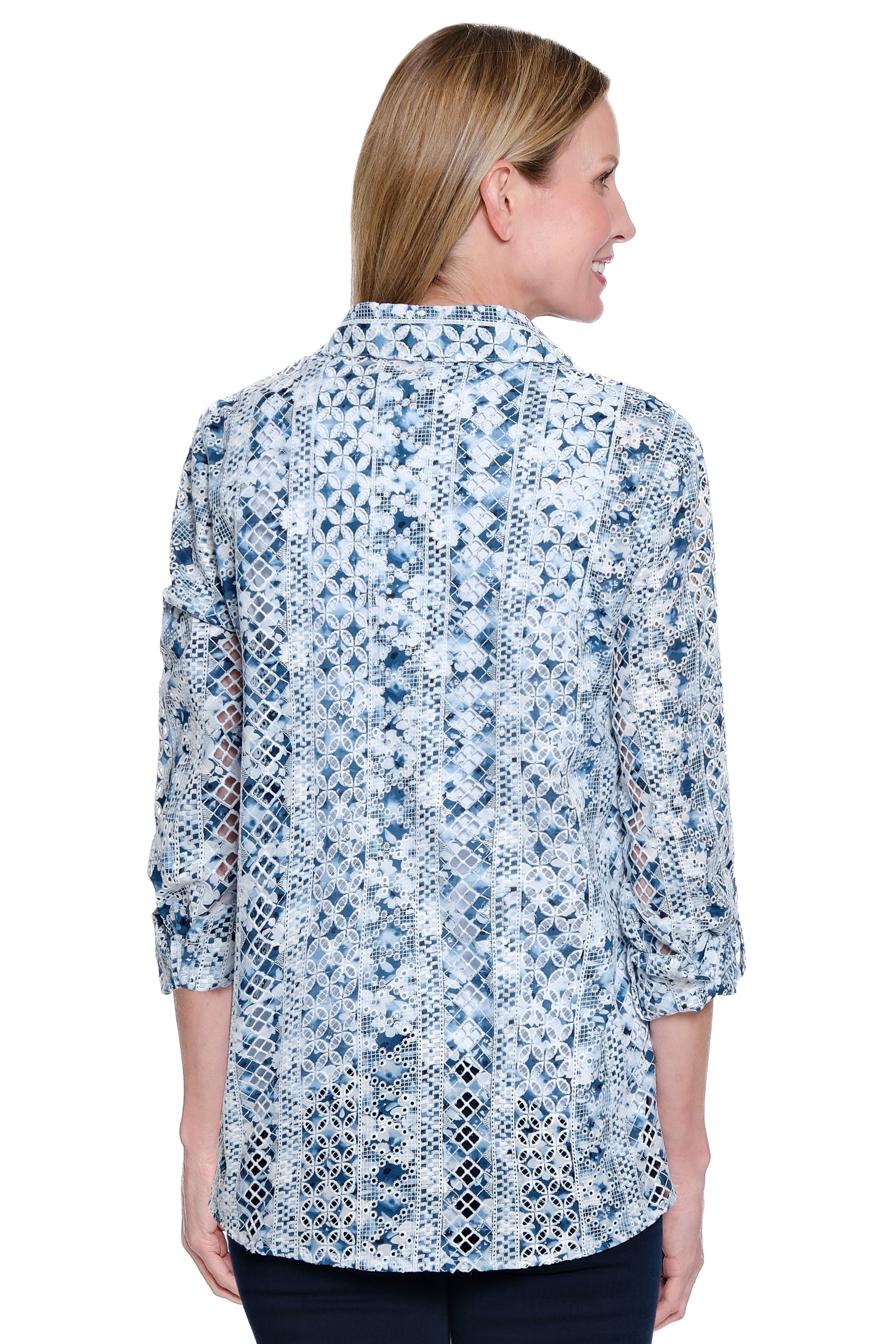 Embroidered Eyelet Printed Button-Front Top - Blue Print