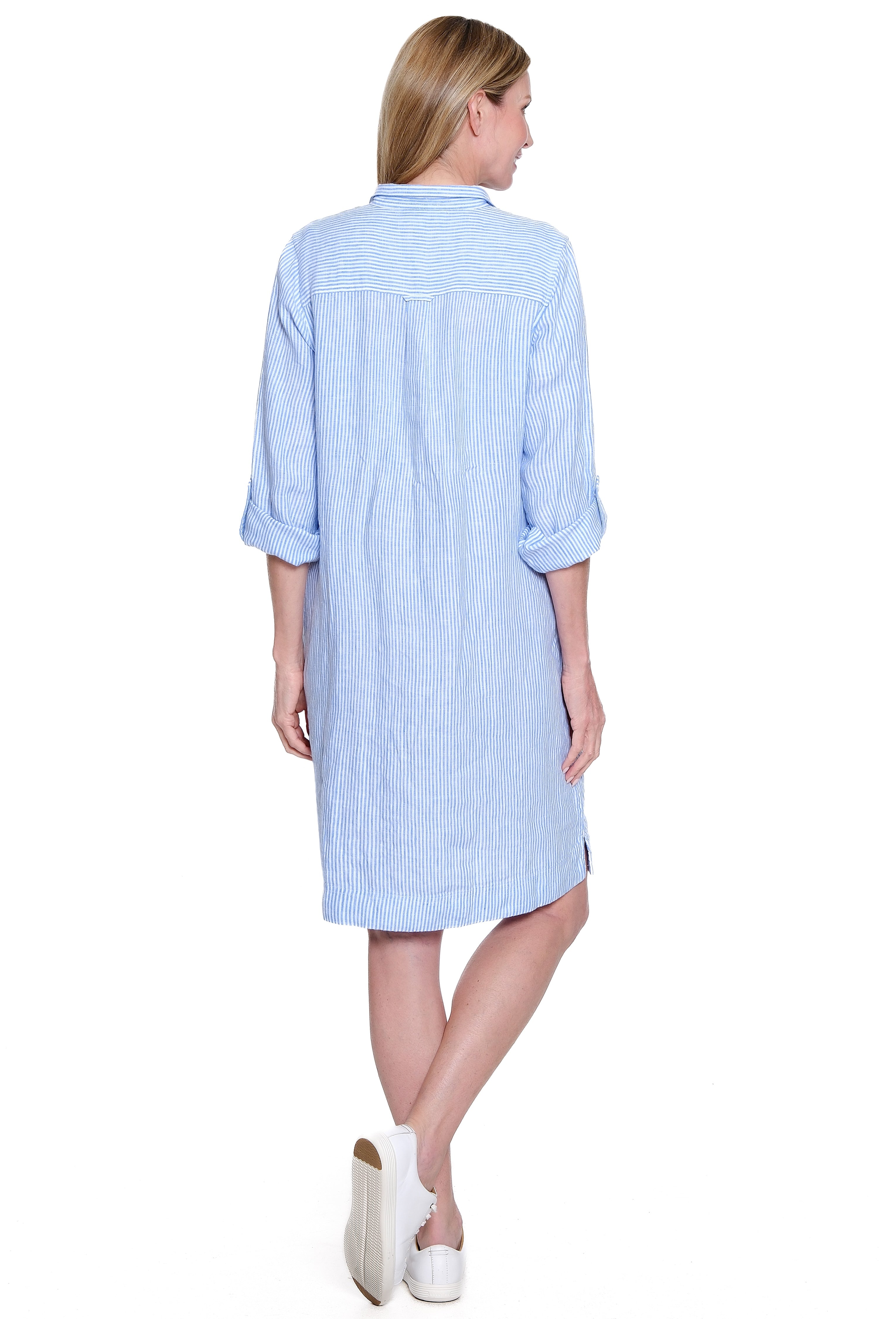Wire Collar Linen Dress - Blue Stripe