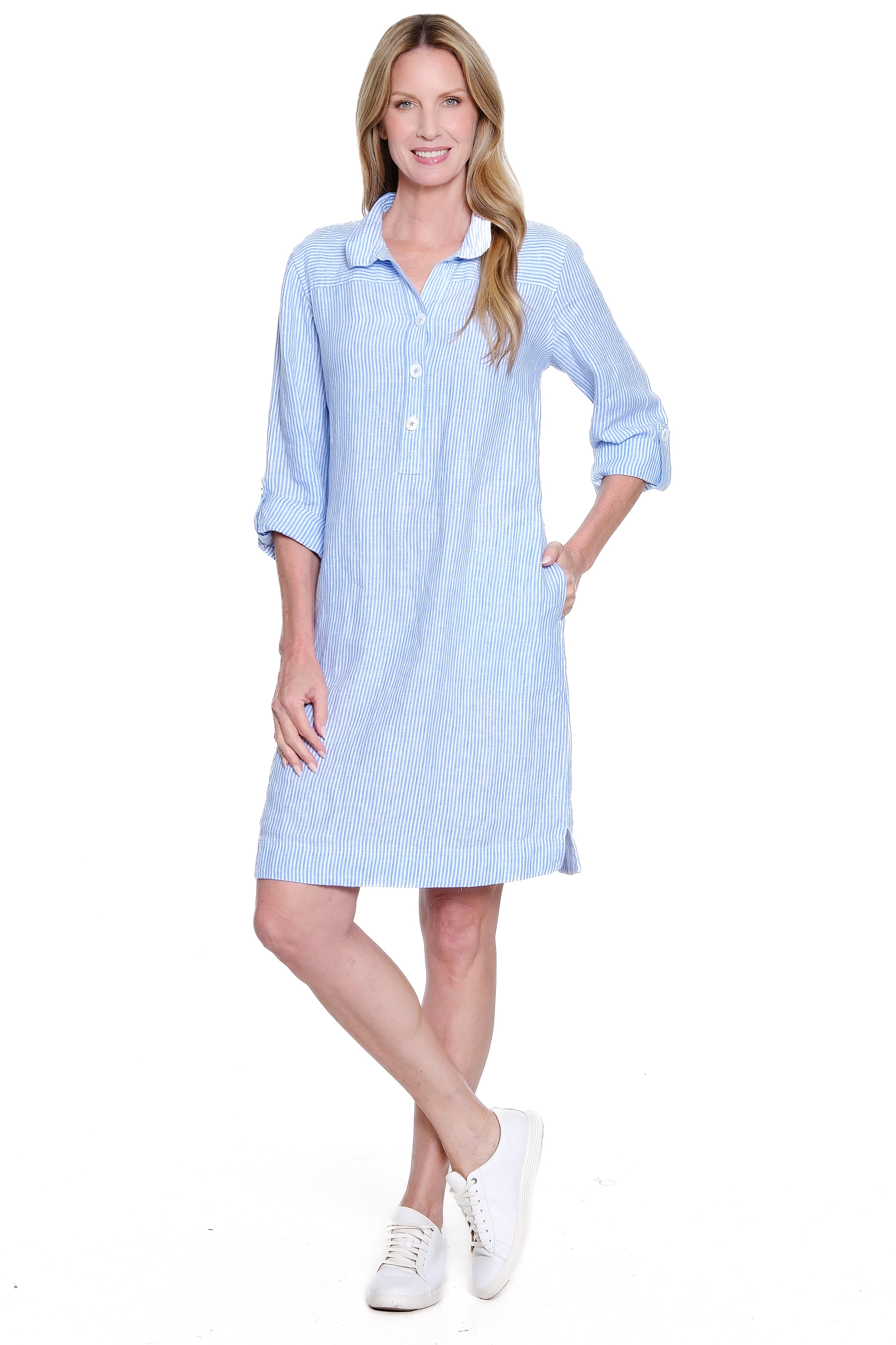 Wire Collar Linen Dress - Petite - Blue Stripe