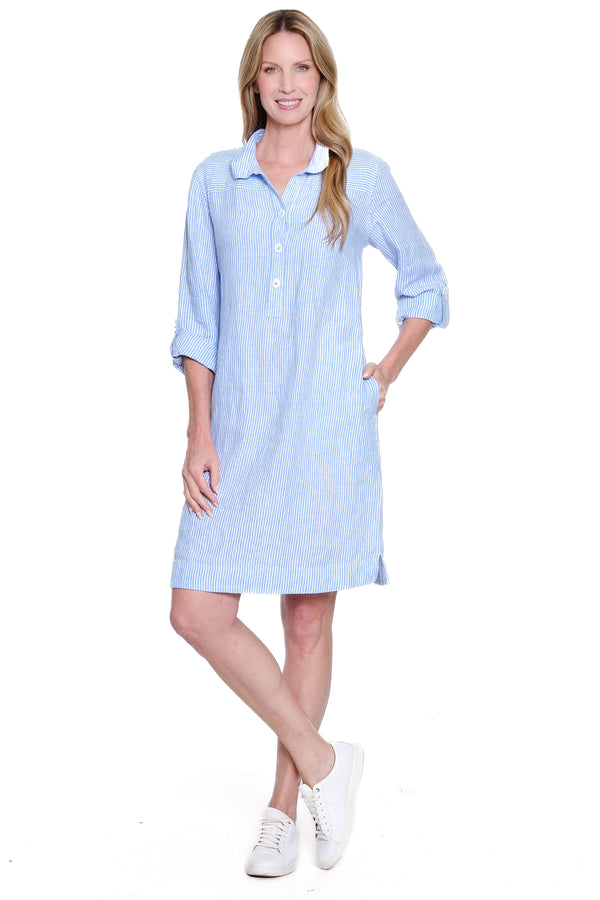 Wire Collar Linen Dress - Blue Stripe