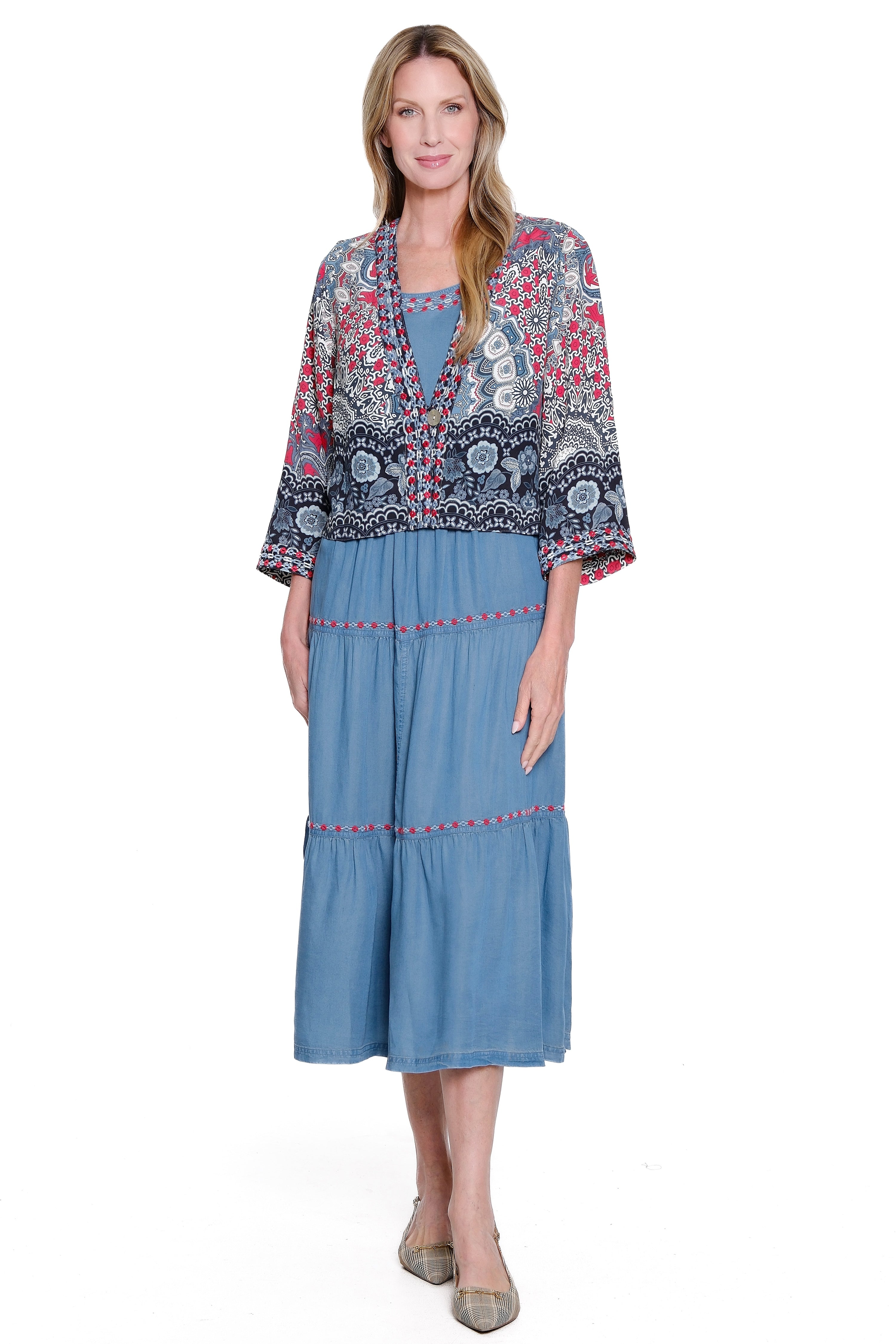 Sleeveless Tiered Dress & Printed Kimono Set - Multi