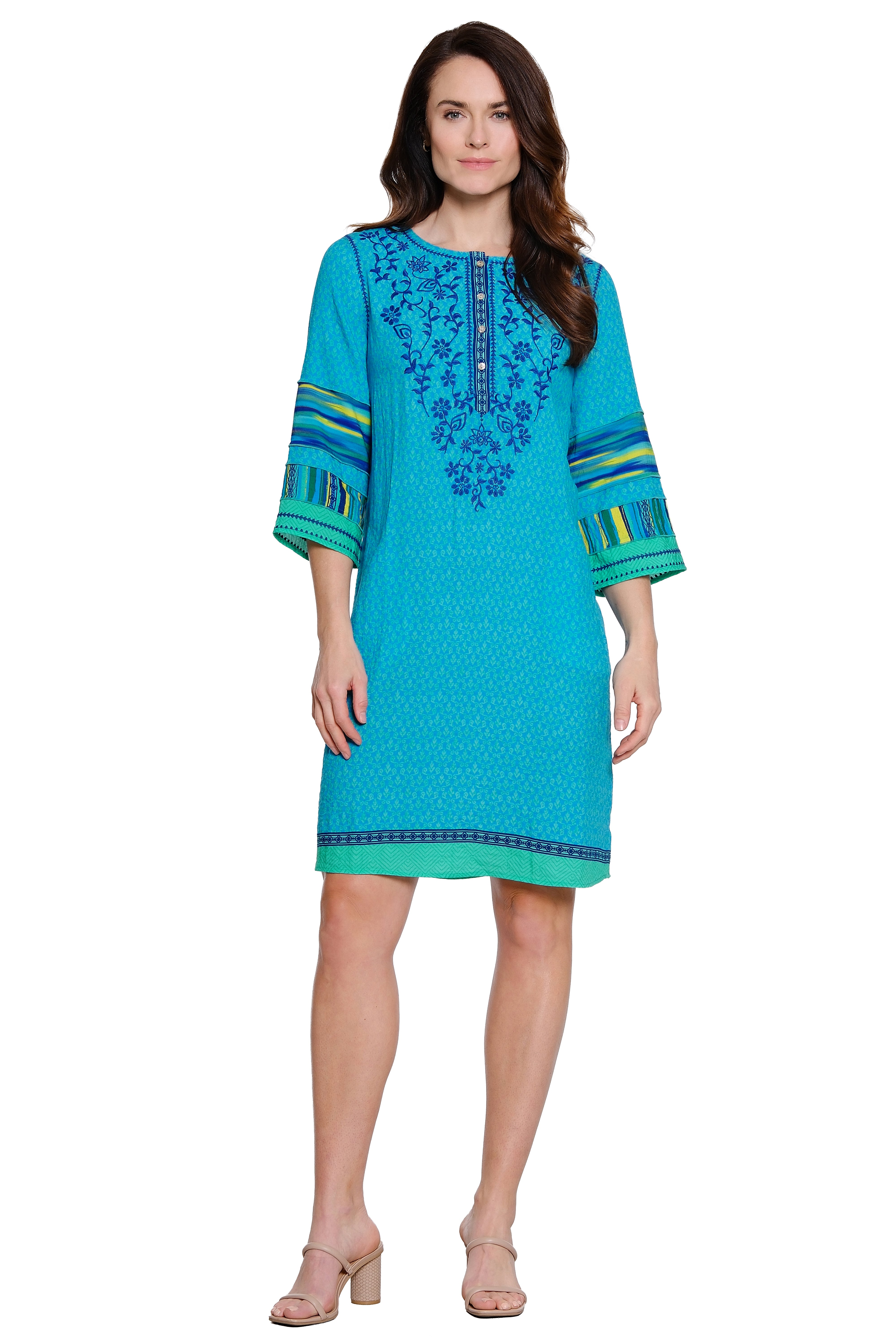 Embroidered Multi Stripe Dress - Plus - Teal Print
