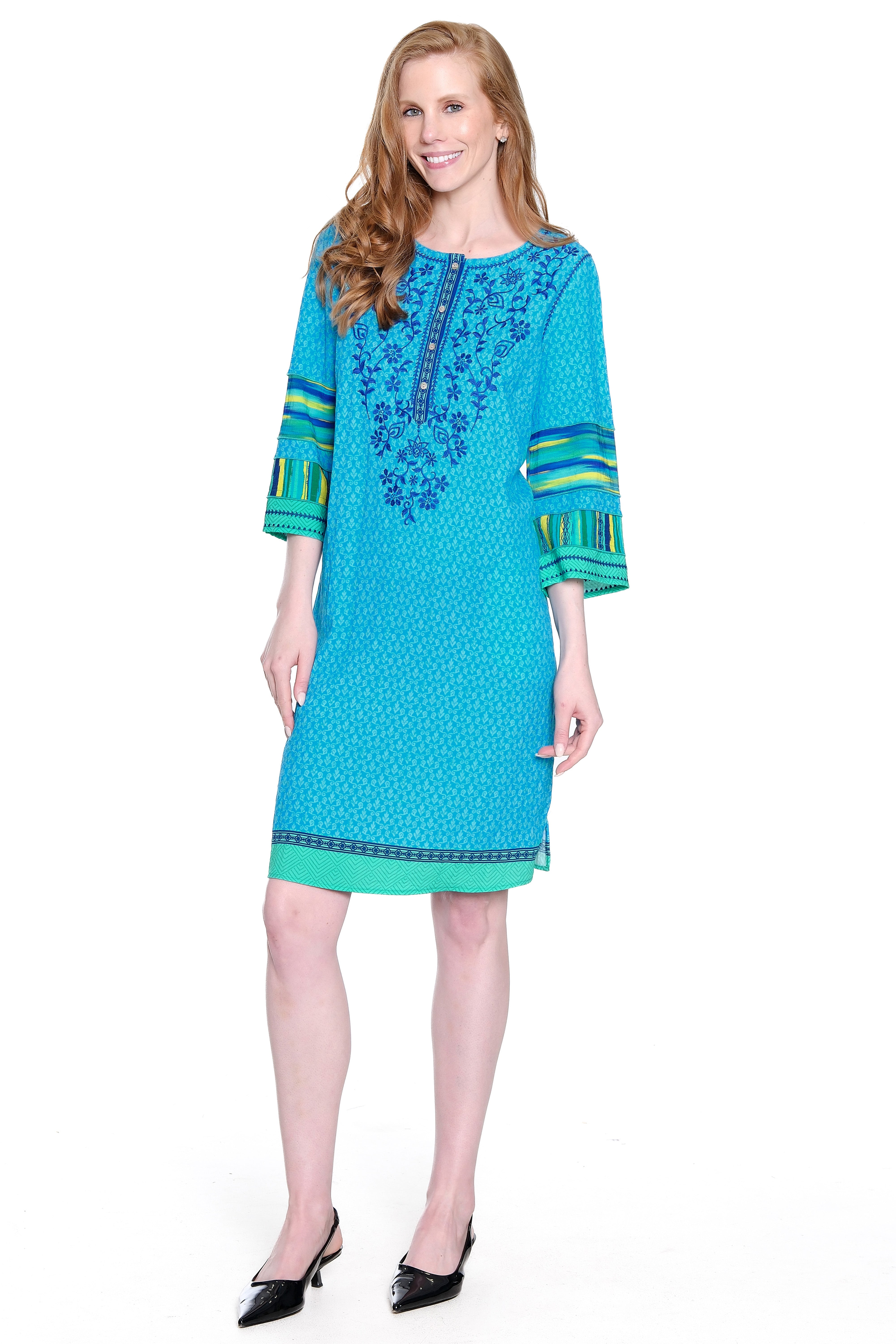 Embroidered Dress with Mixed Print Sleeves - Teal Print