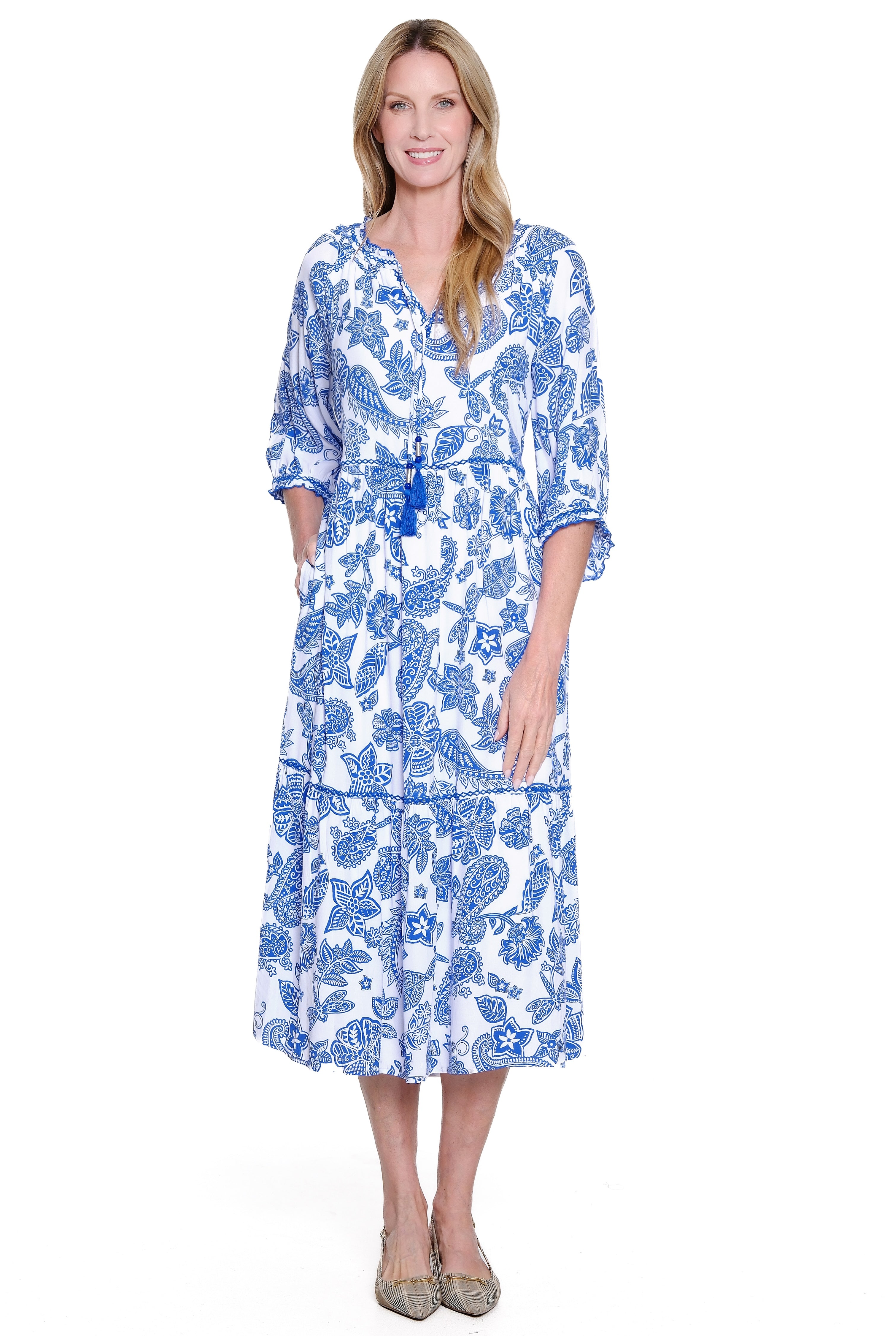 Printed Tiered Dress - Blue Print