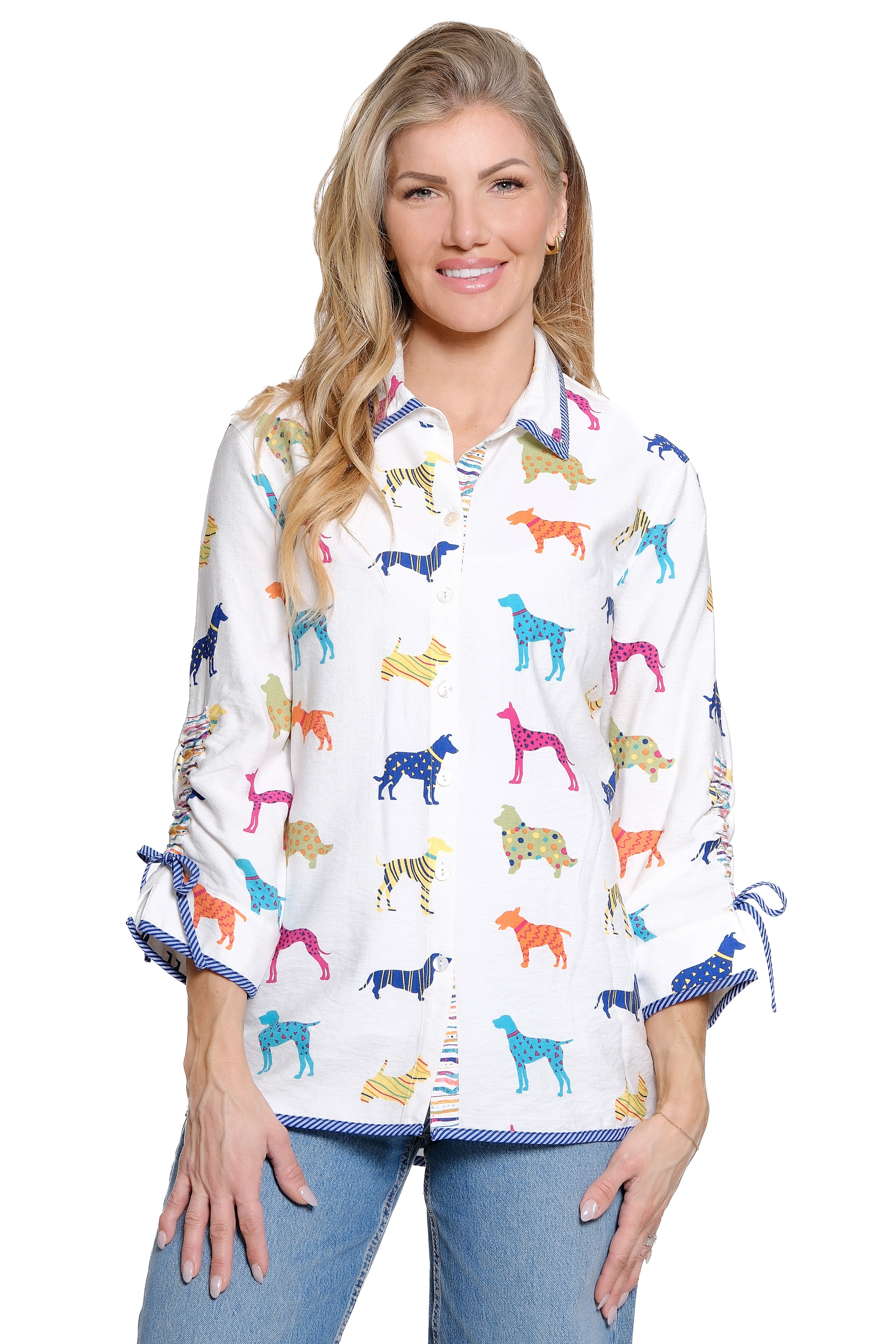 Multicolor Blouse with Cinch Sleeves - Dog Print