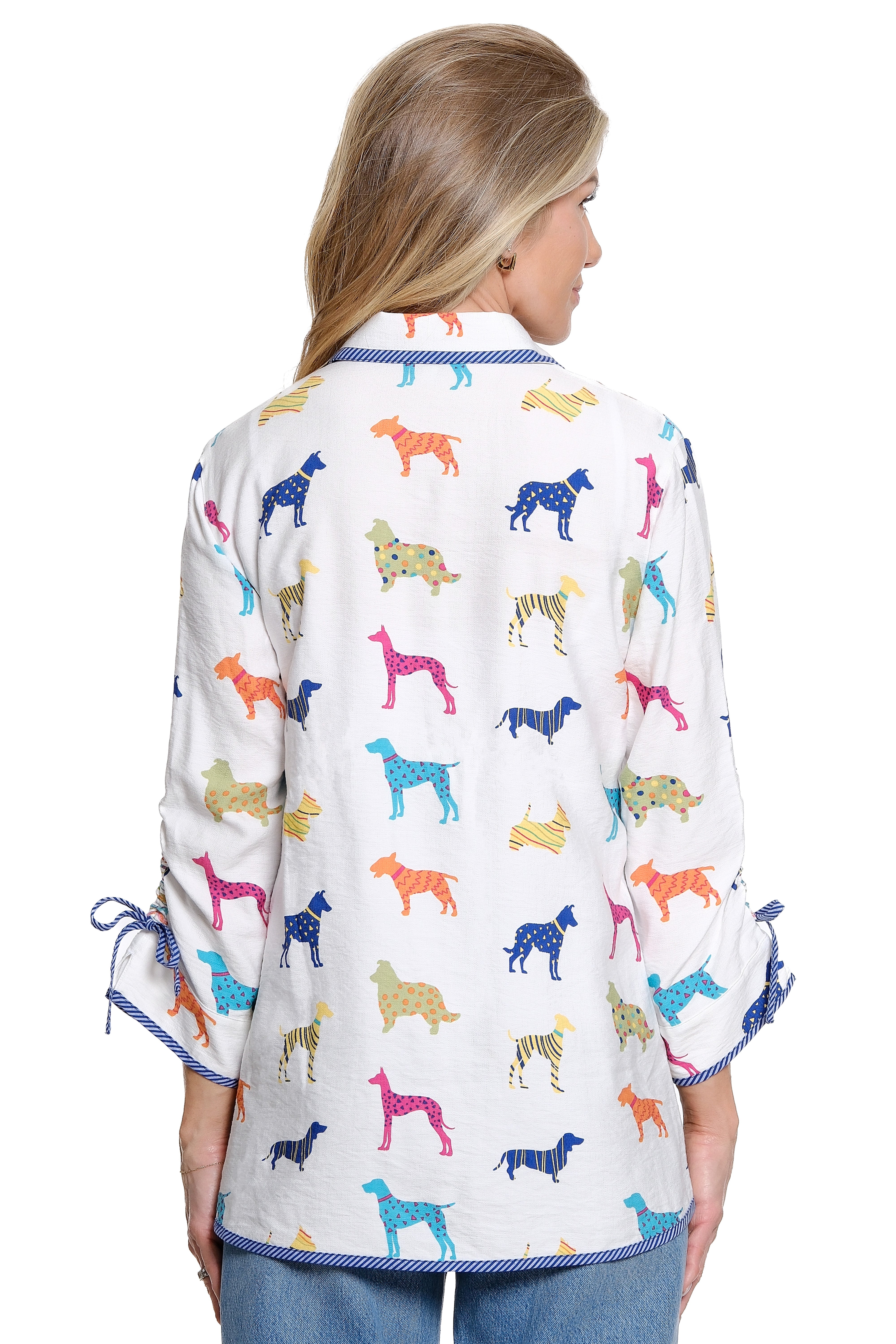 Multicolor Blouse with Cinch Sleeves - Dog Print