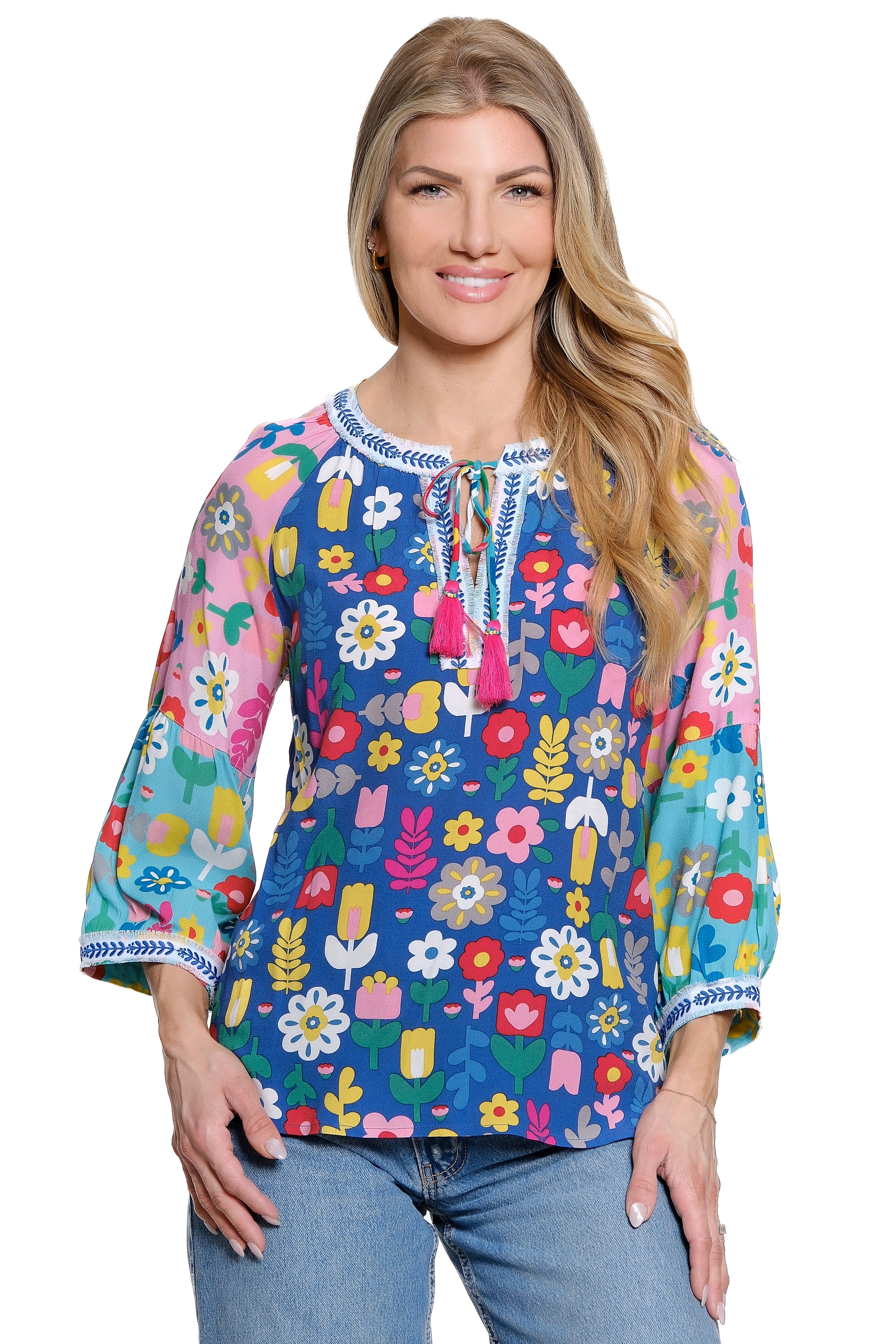Print Top with Blouson Sleeves - Floral Multi