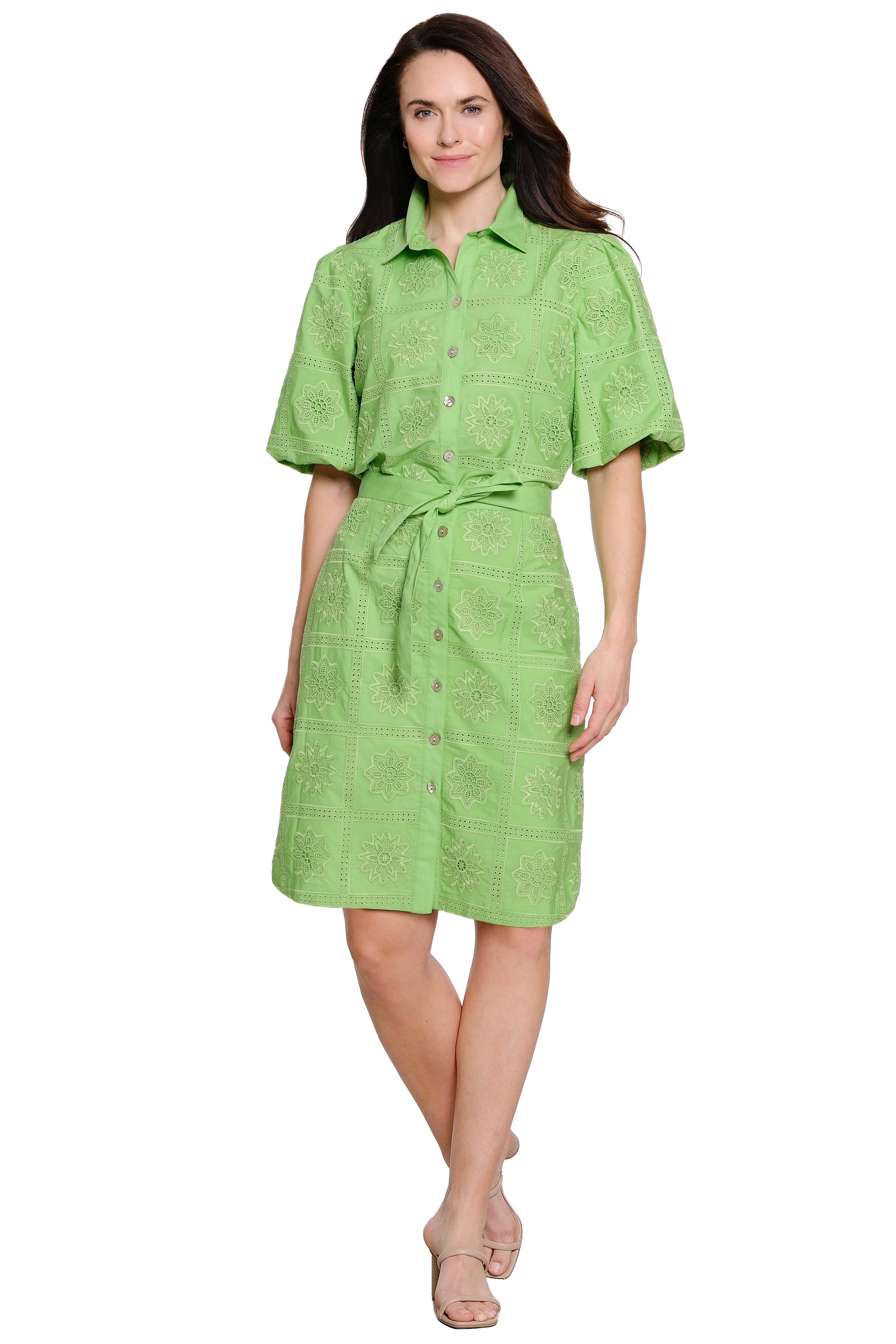 Floral Eyelet Cotton Top with Short Sleeves - Apple Green