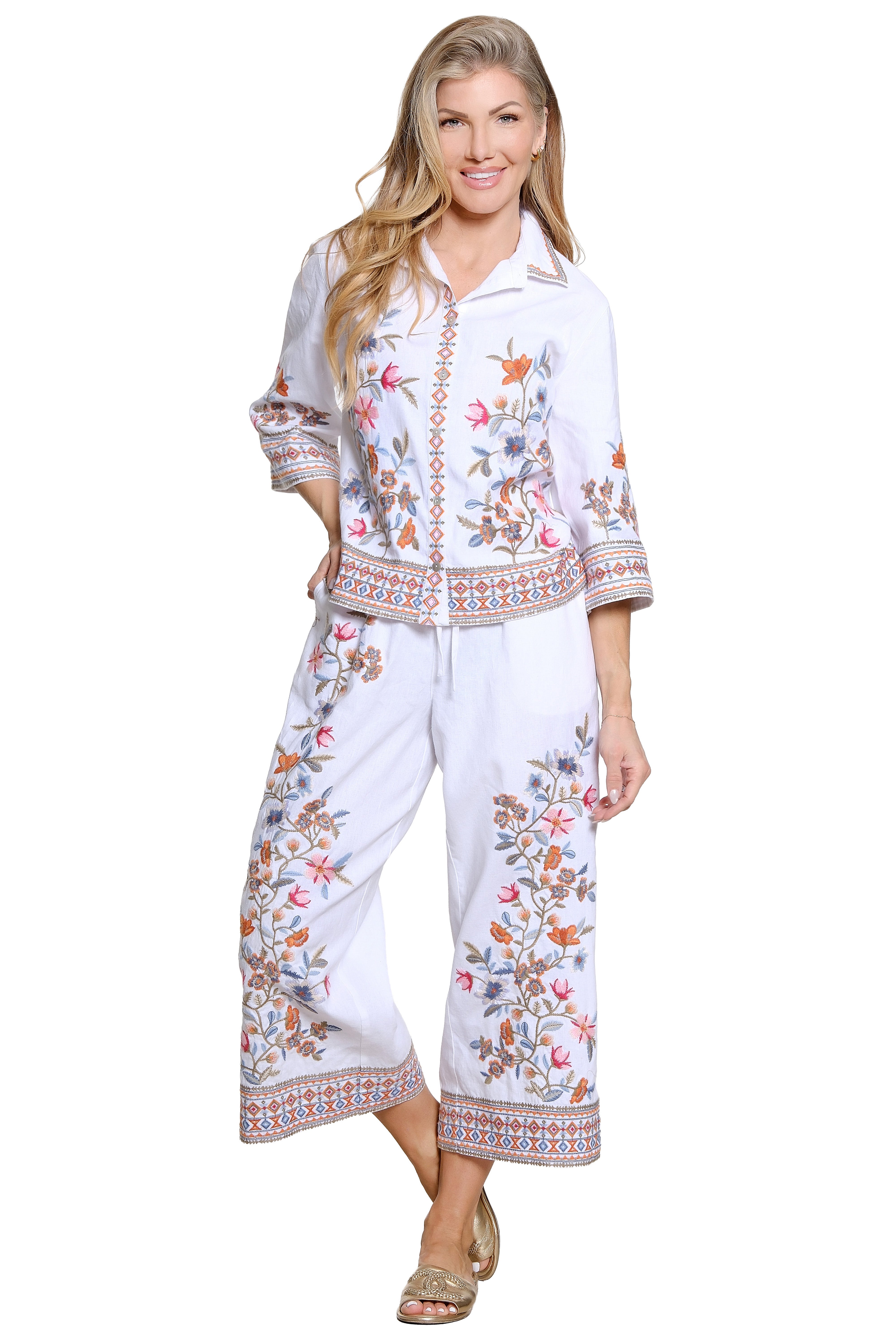 Floral Embroidered Drawstring Pant - White Floral