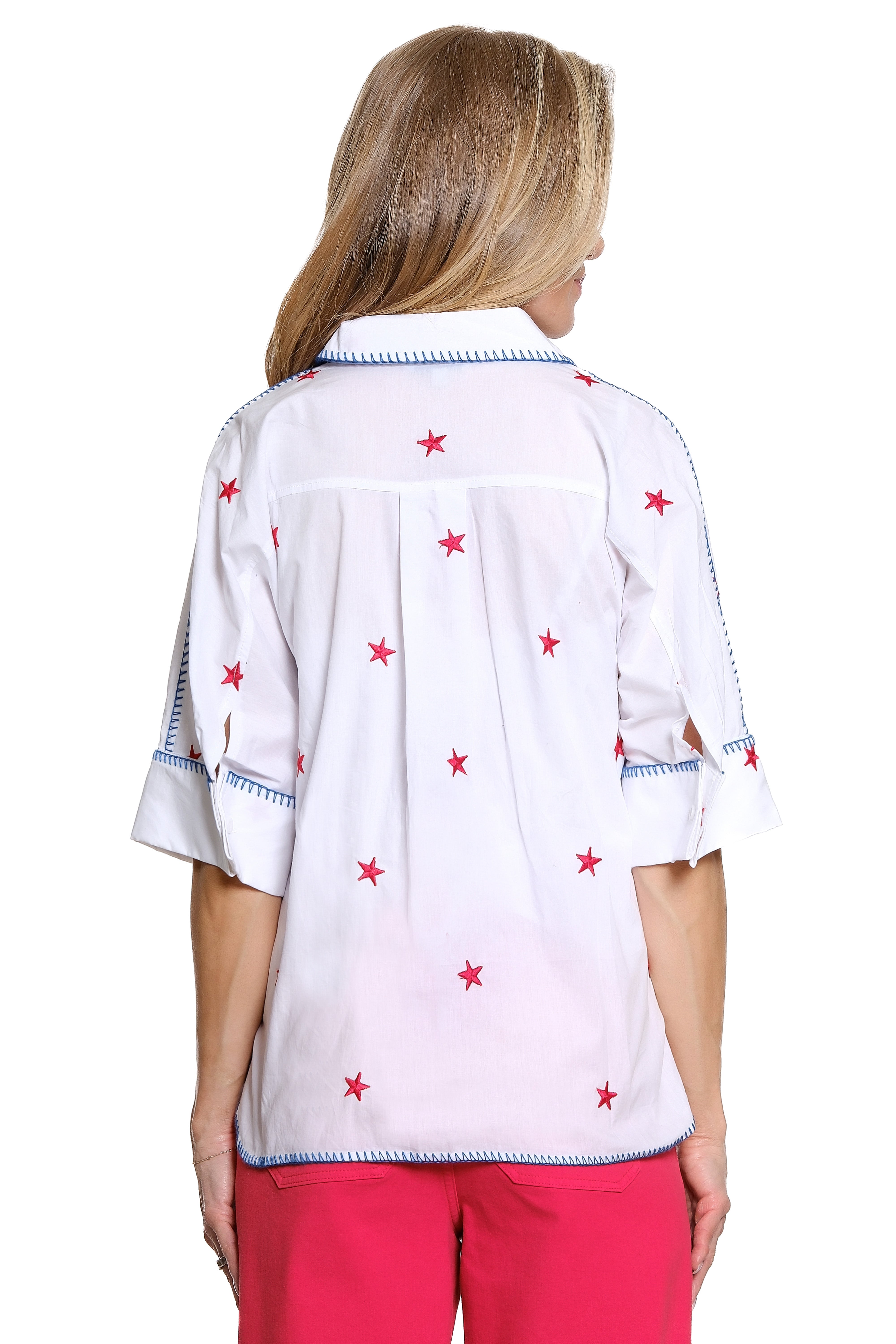 Star Embroidered Blouse Front Pocket French Cuff Dolman Sleeve - White
