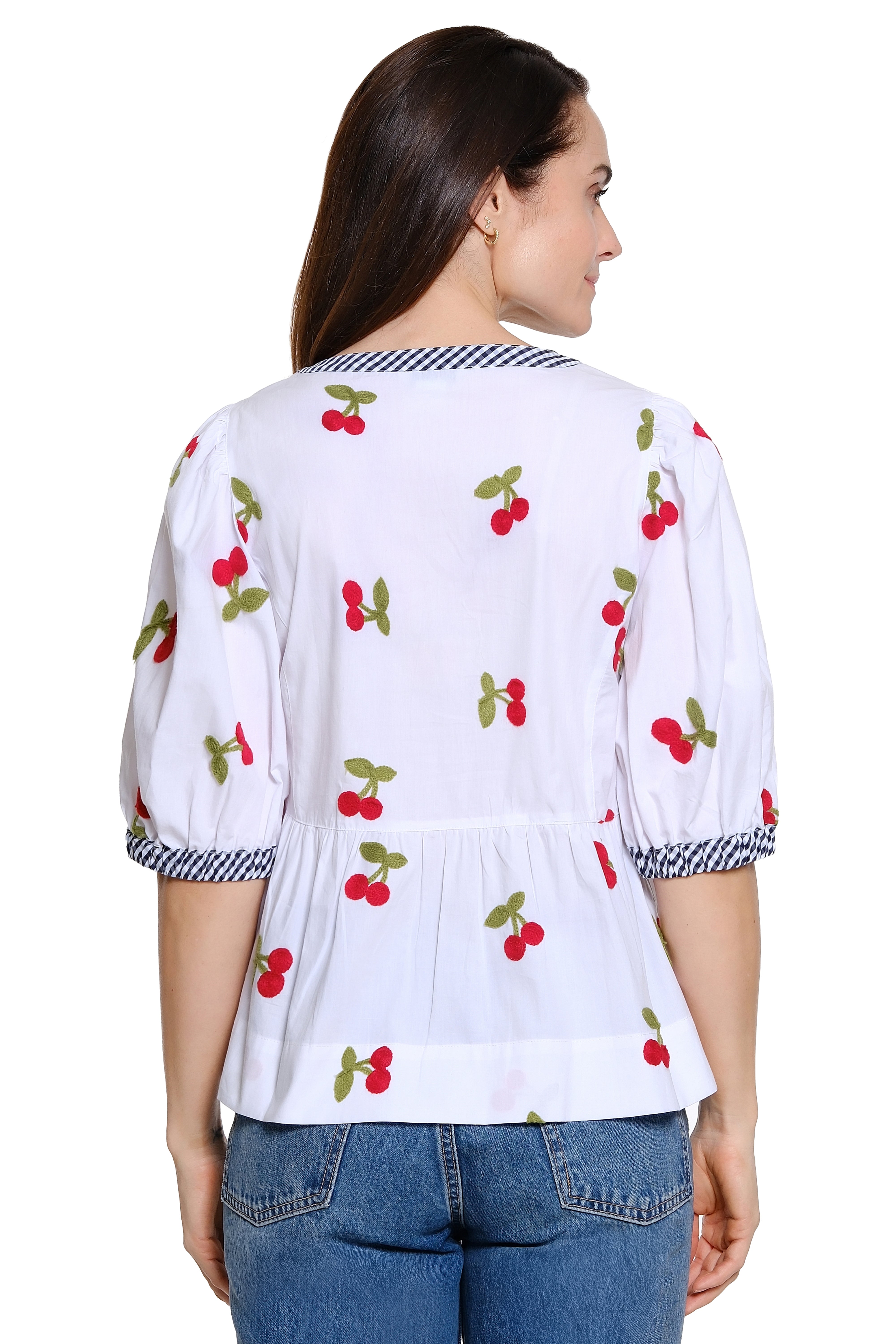 Cherry Embroidered Peplum Top Gingham Trim Puff Sleeve - White