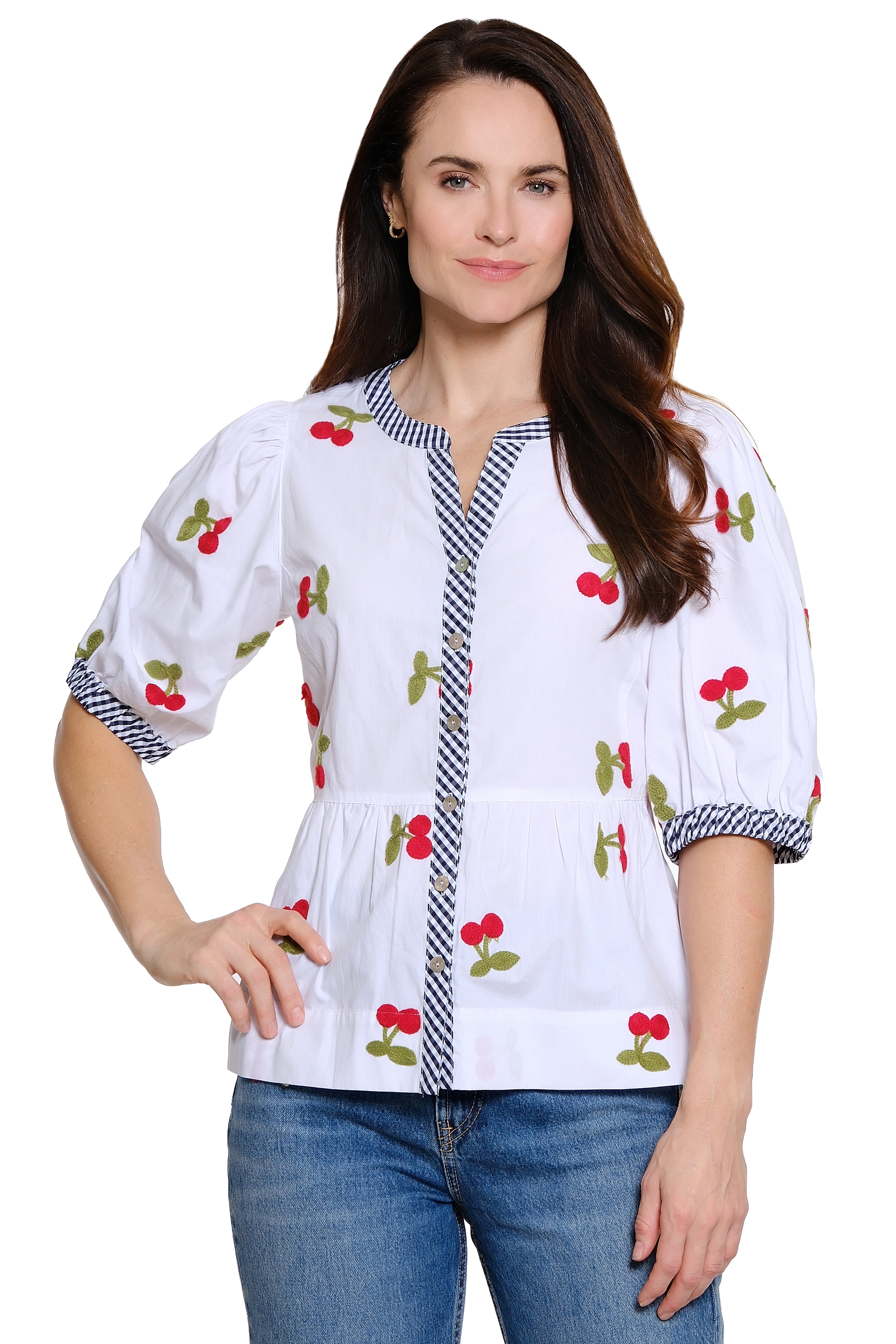 Cherry Embroidered Peplum Top Gingham Trim Puff Sleeve - White