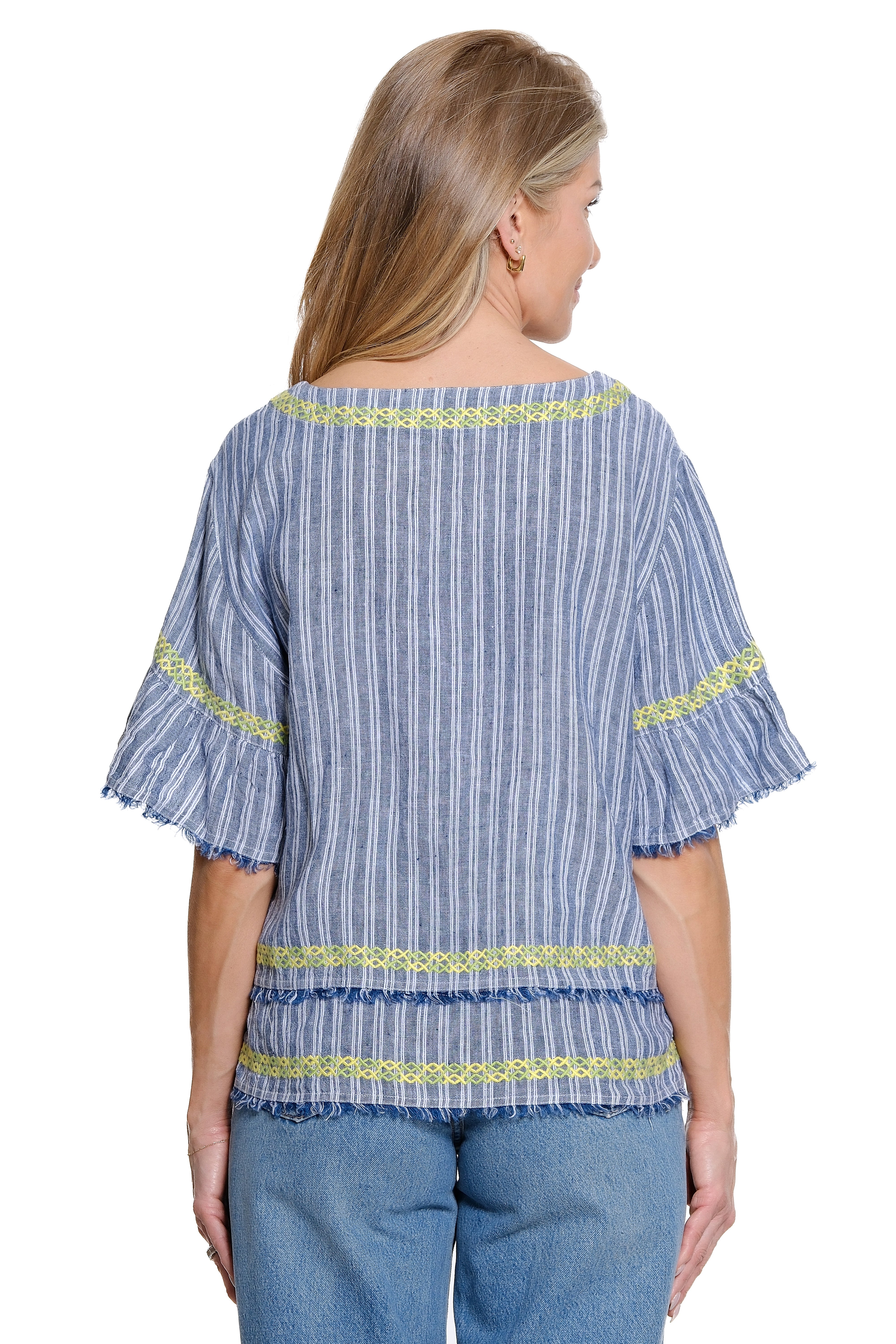 Yarn-Dyed Stripe Flounce Sleeve Top Fringe Embroidery Detail - Blue Stripe