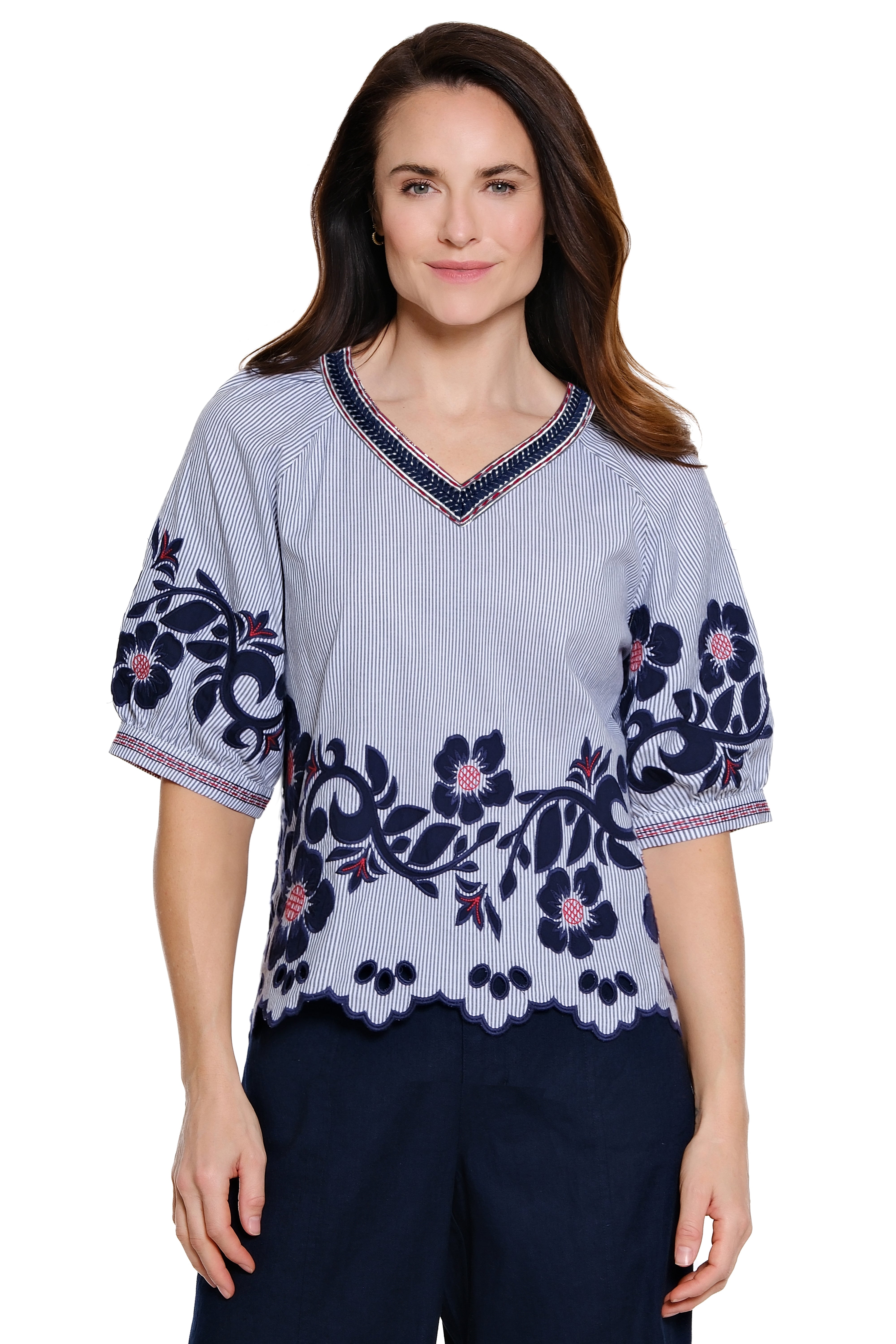 Floral Applique Striped Puff Sleeve Top Scallop Edge - Navy Multi