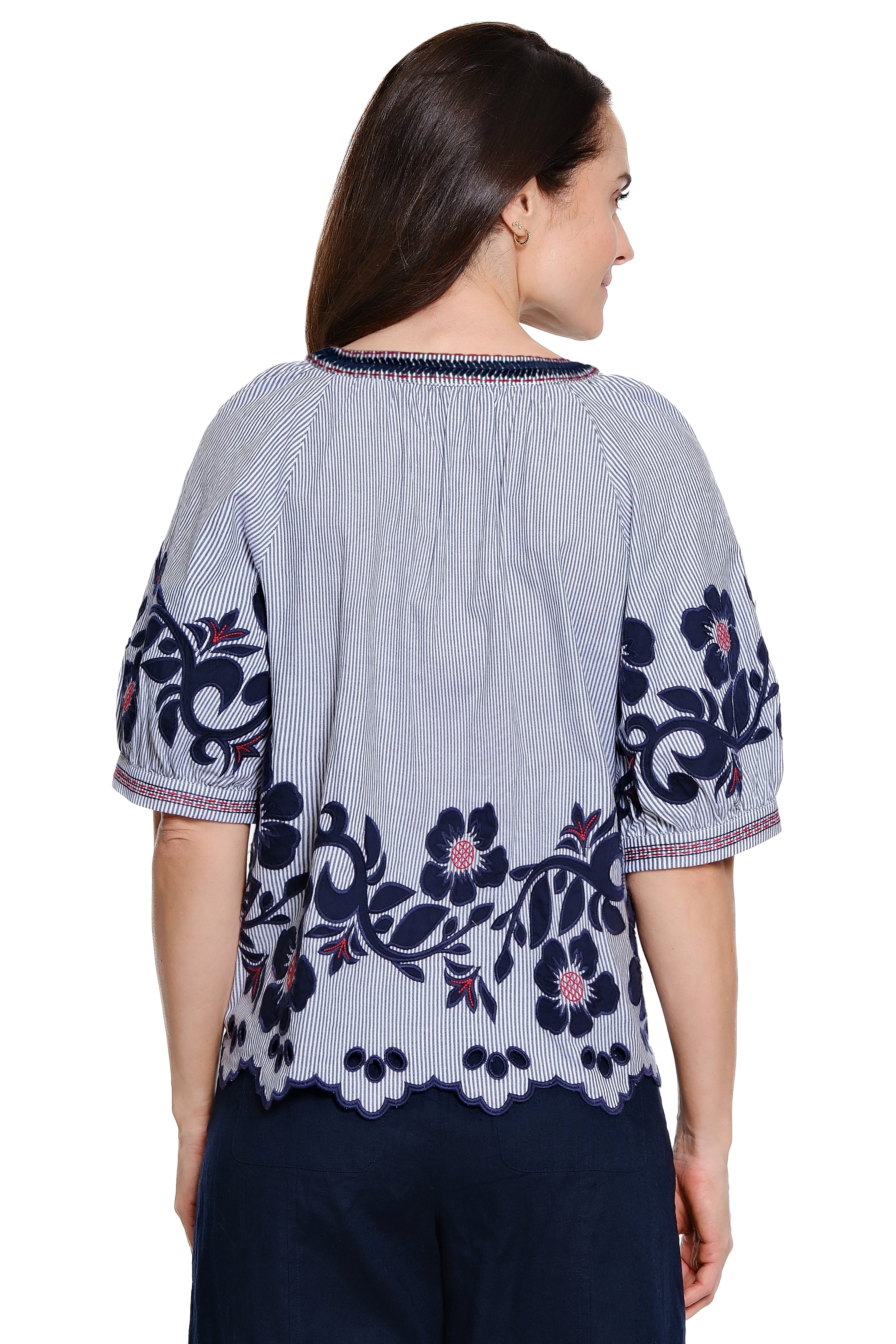 Floral Applique Striped Puff Sleeve Top Scallop Edge - Navy Multi