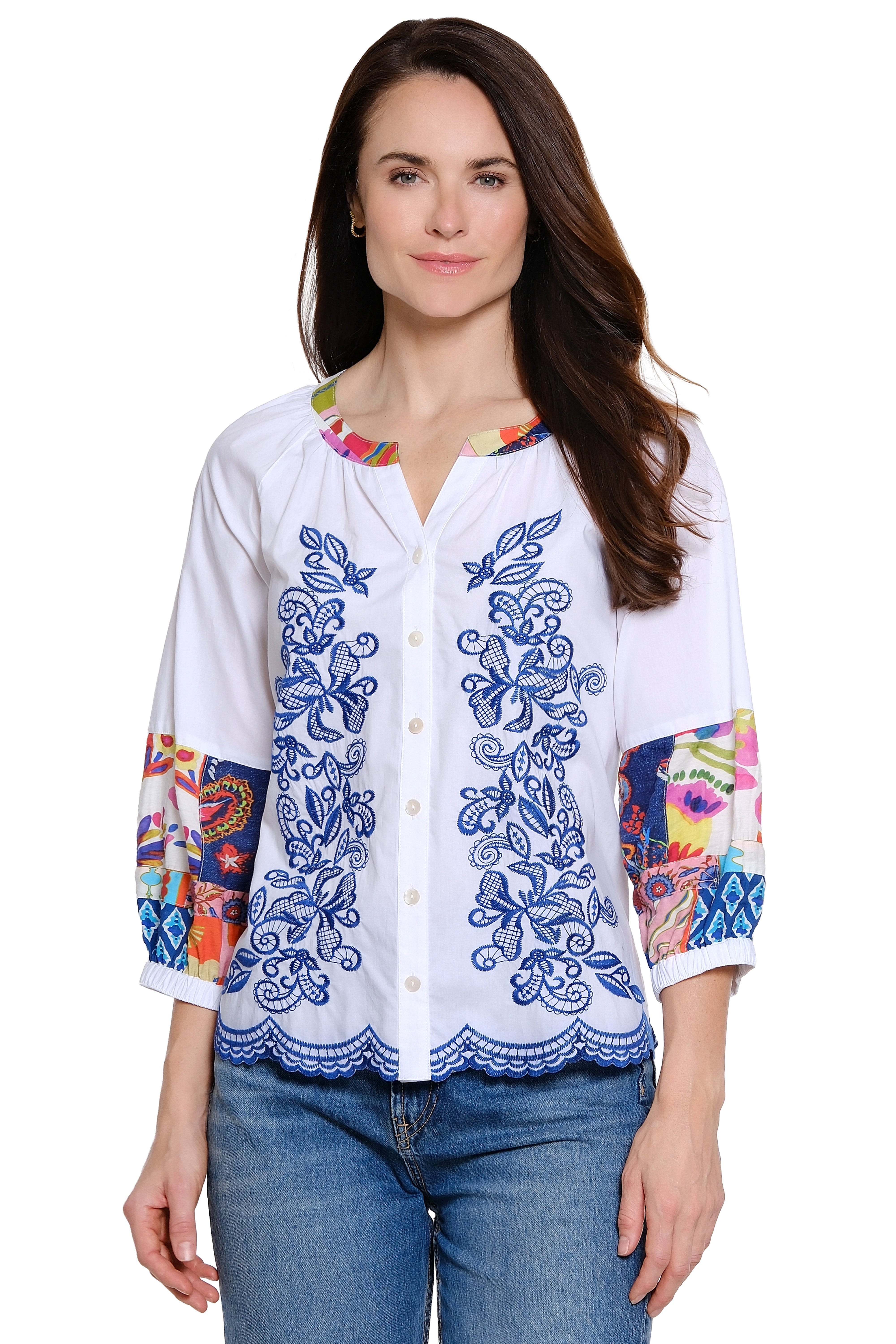 Embroidered Blouse Lace Scalloped Hem Blouson Sleeve - Multi