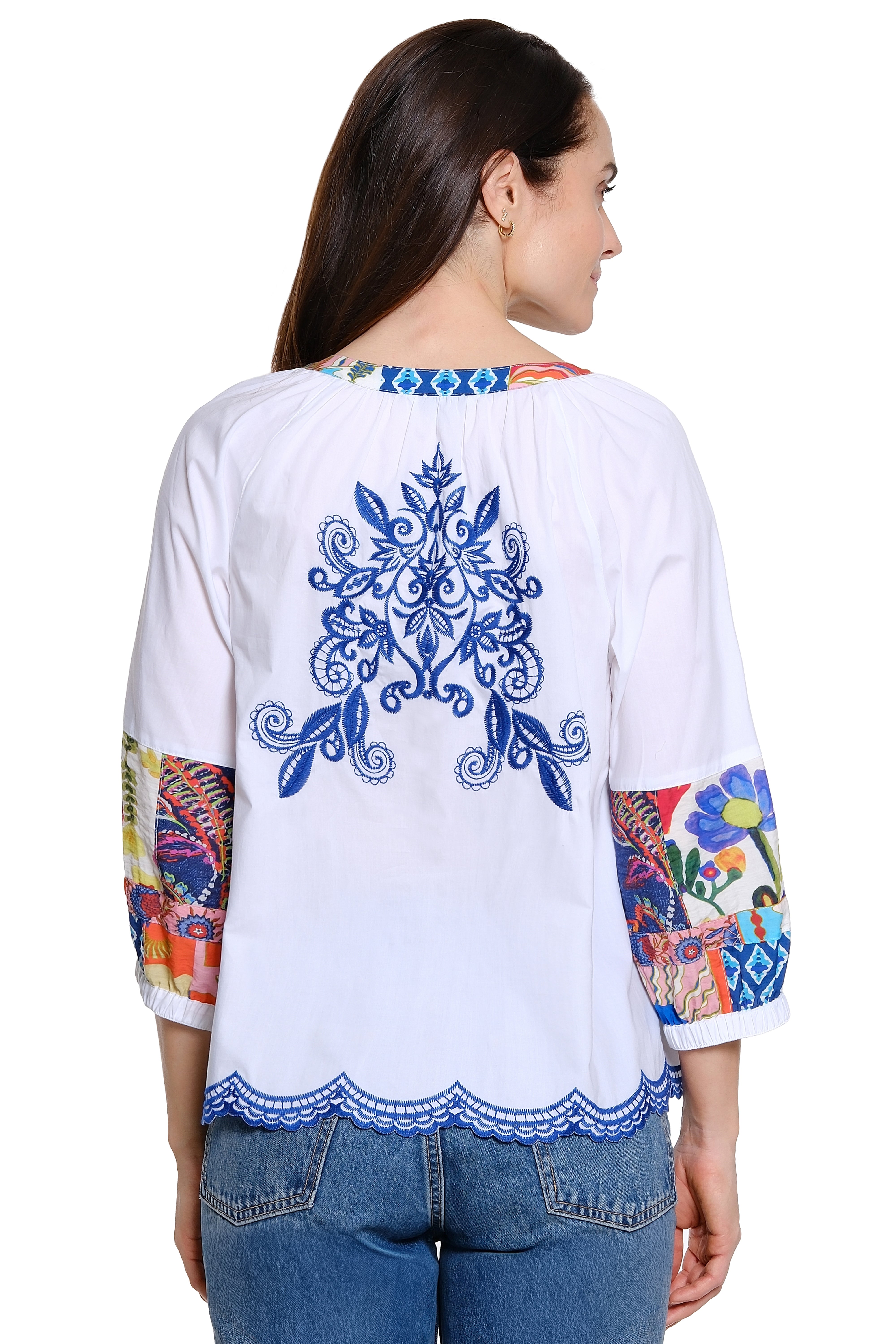 Embroidered Blouse Lace Scalloped Hem Blouson Sleeve - Multi