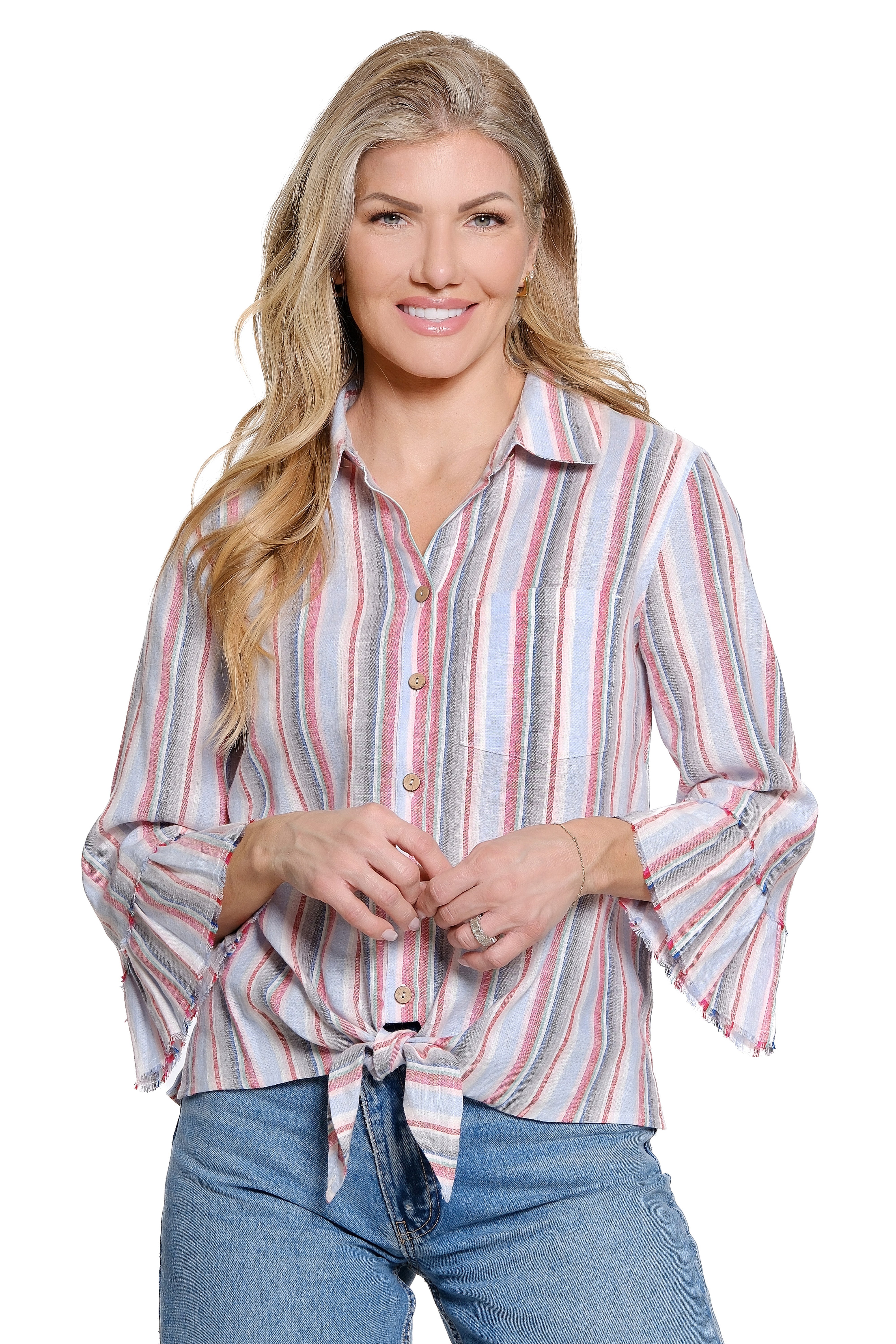 Striped Tie-Front Blouse Ruffle Sleeve Zig Zag Embroidery Detail - Petite - Stripe Multi