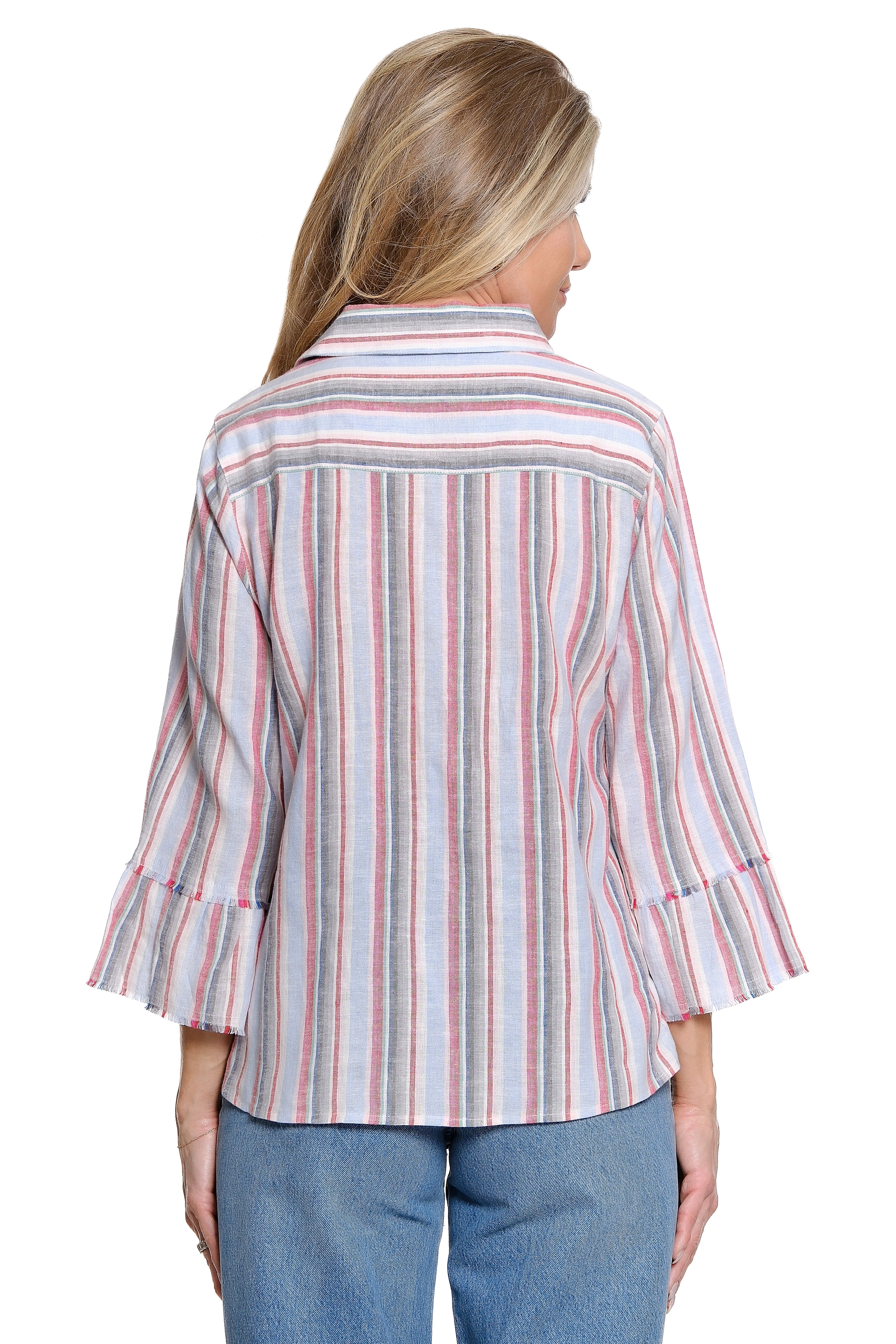 Striped Tie-Front Blouse Ruffle Sleeve Zig Zag Embroidery Detail - Petite - Stripe Multi