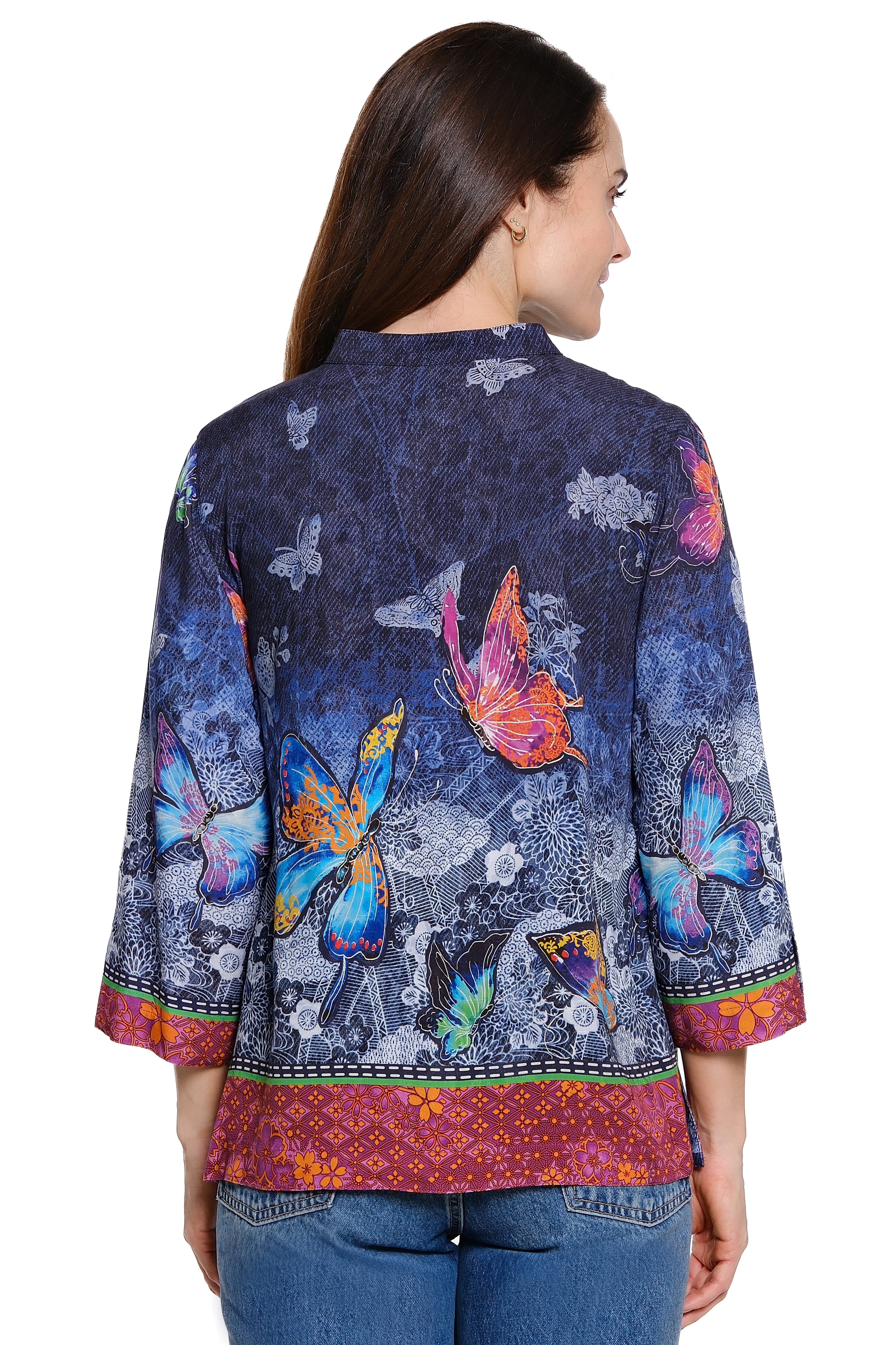 Butterfly Print Tunic Border Detail 3/4 Sleeve - Petite - Multi