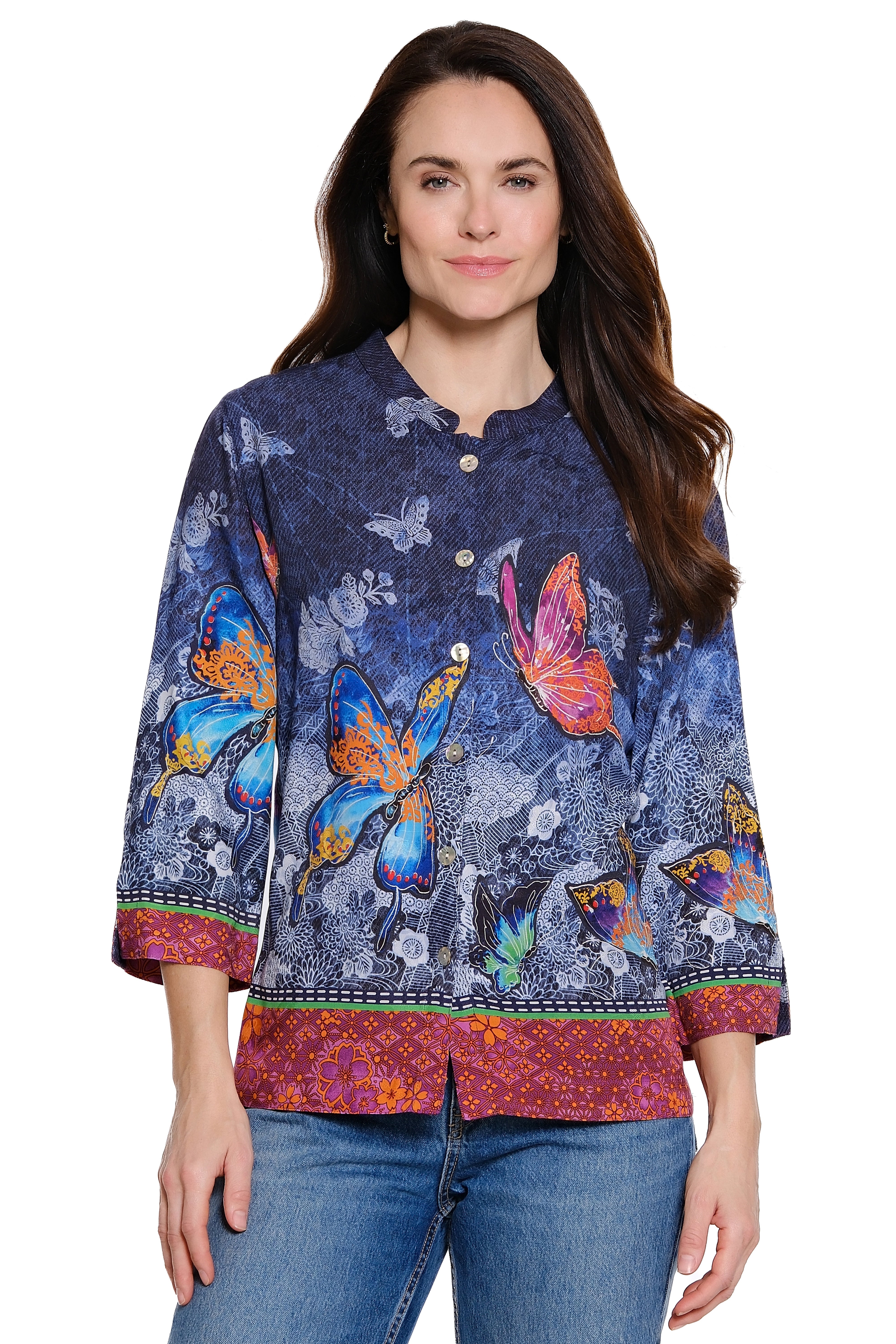 Butterfly Print Tunic Border Detail 3/4 Sleeve - Petite - Multi