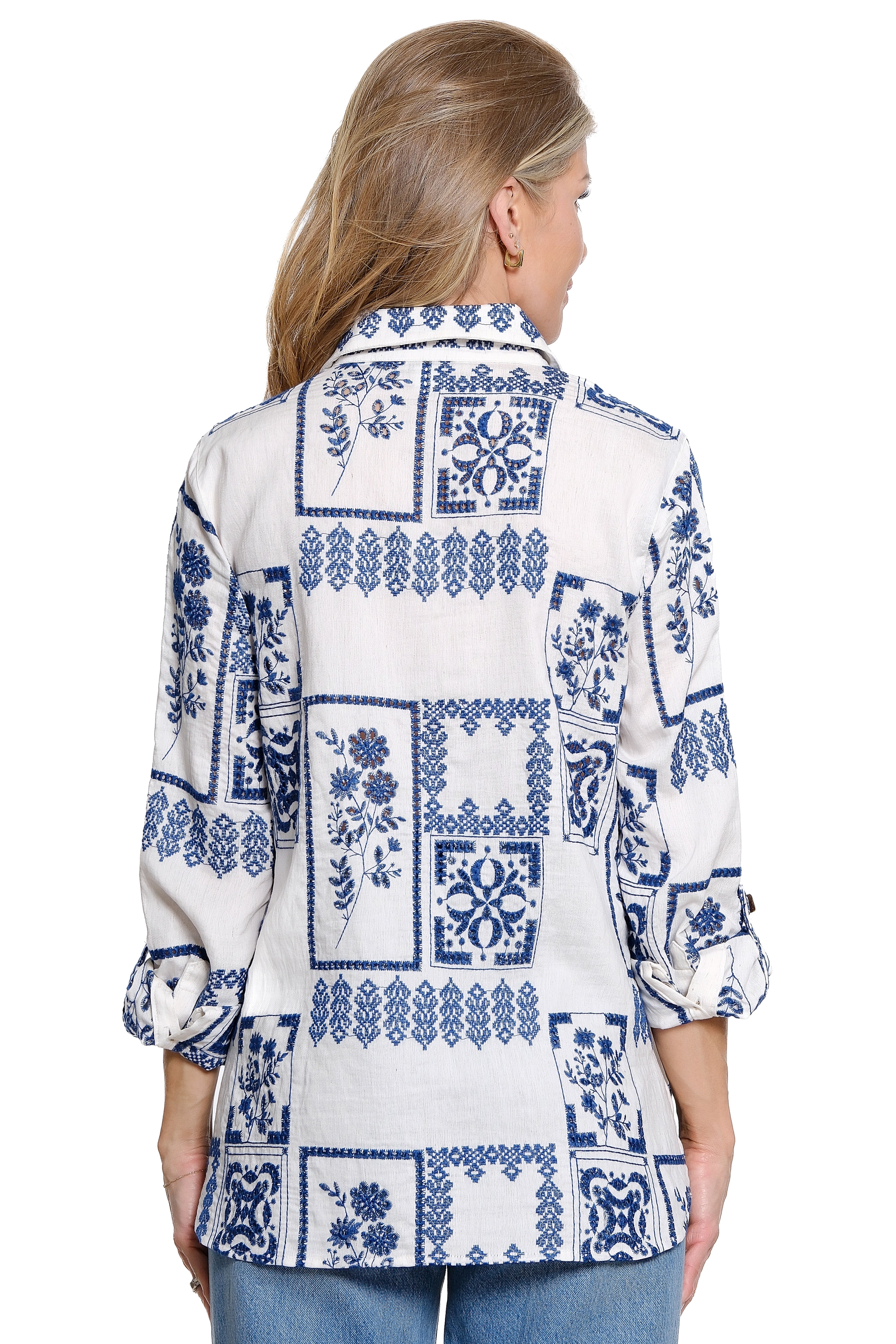 Floral Eyelet Patchwork Blouse Roll Tab Sleeve - Petite - White/Blue