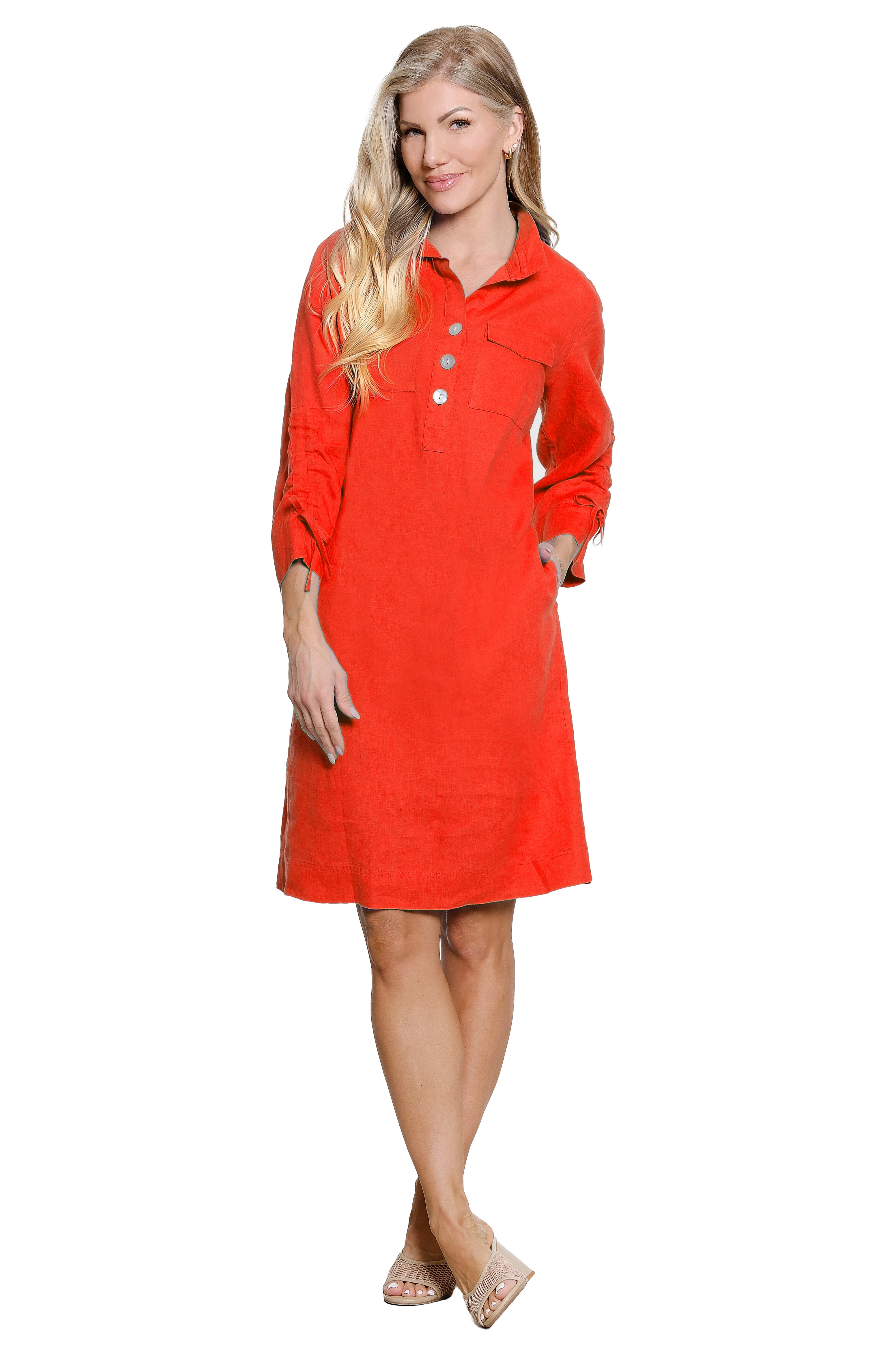 Solid Dress Front Pockets Cinch Sleeve - Vivid Red