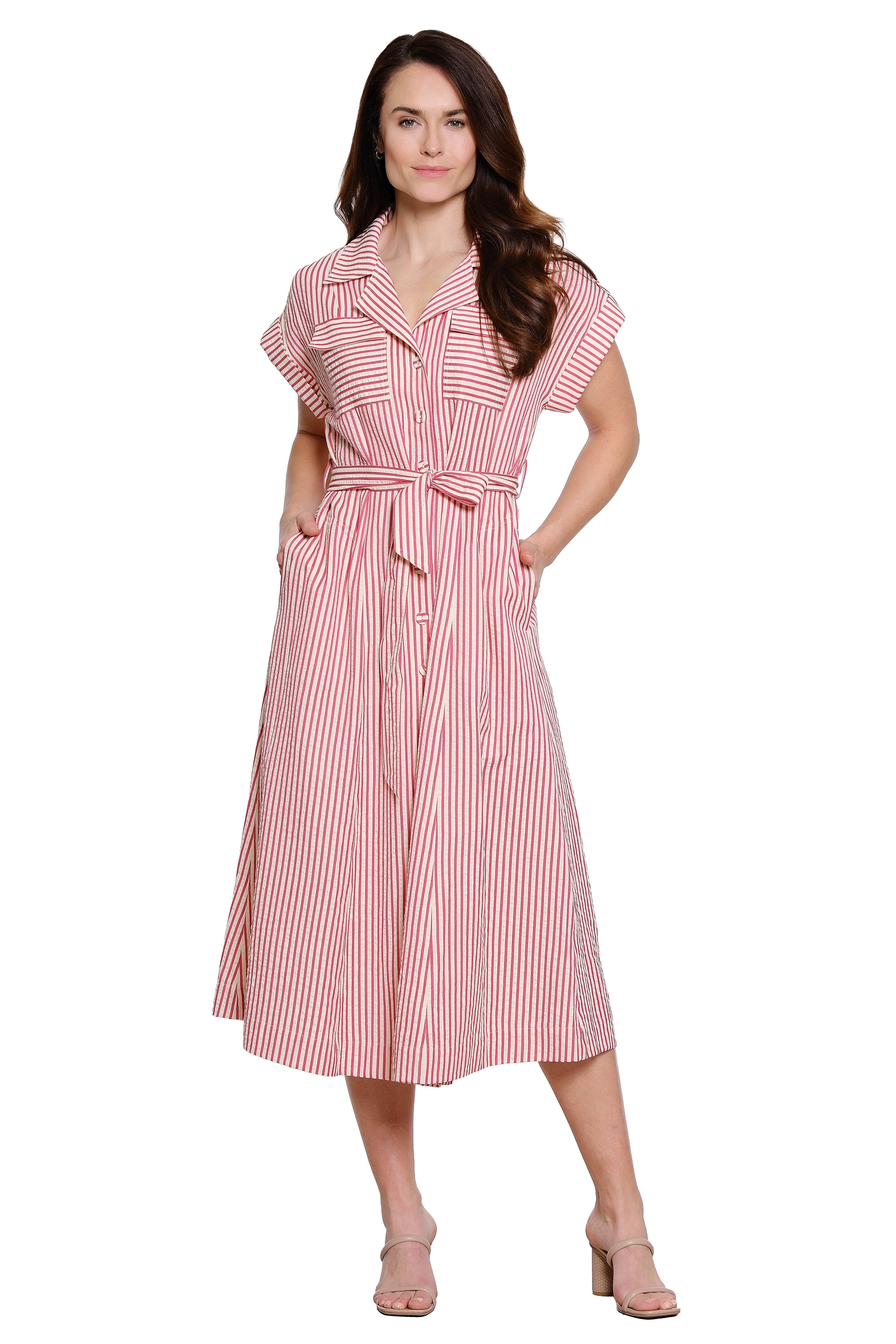 Yarn-Dyed Stripe Dress Tie Waist Cap Sleeve - Petite - Red Stripe