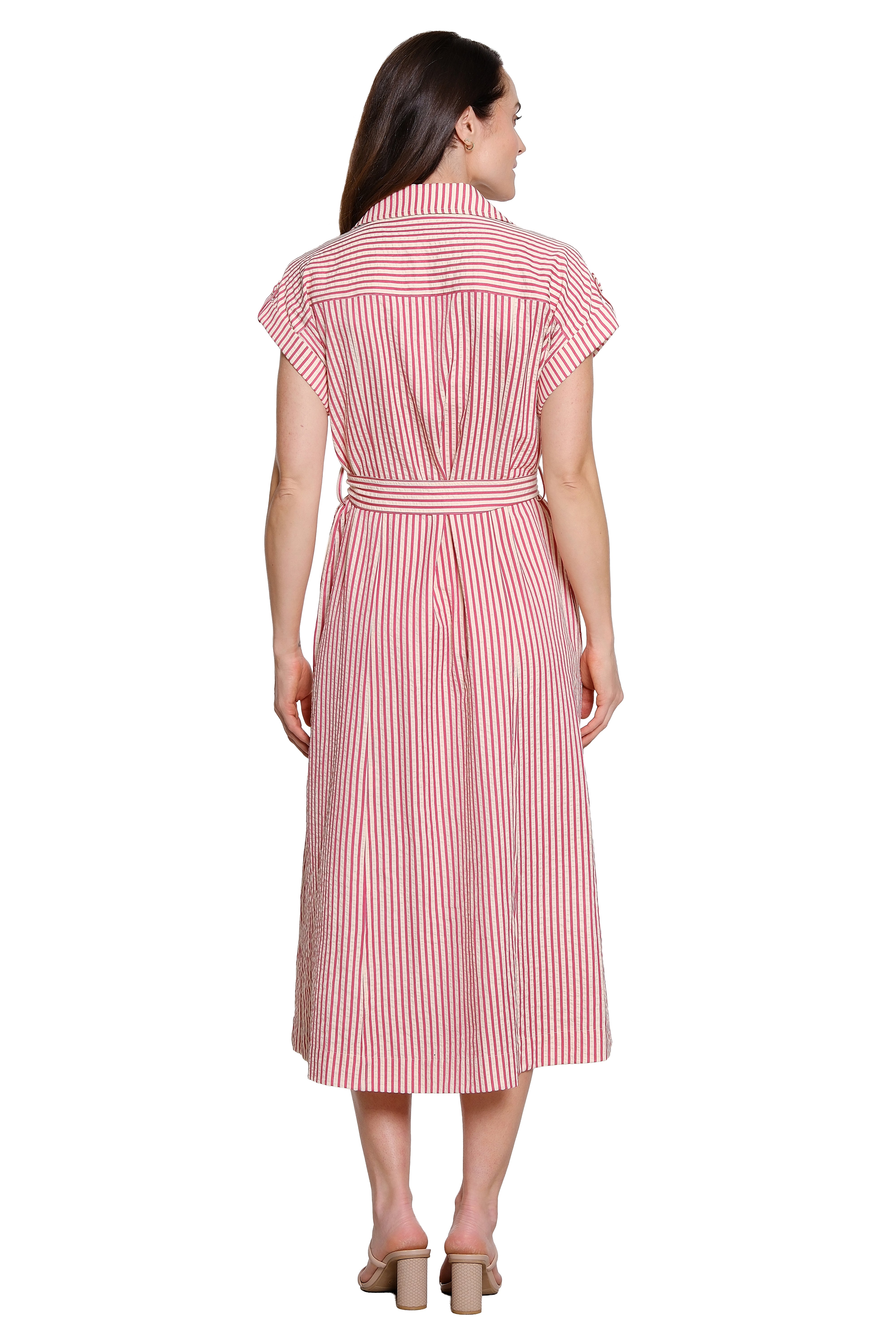 Yarn-Dyed Stripe Dress Tie Waist Cap Sleeve - Petite - Red Stripe