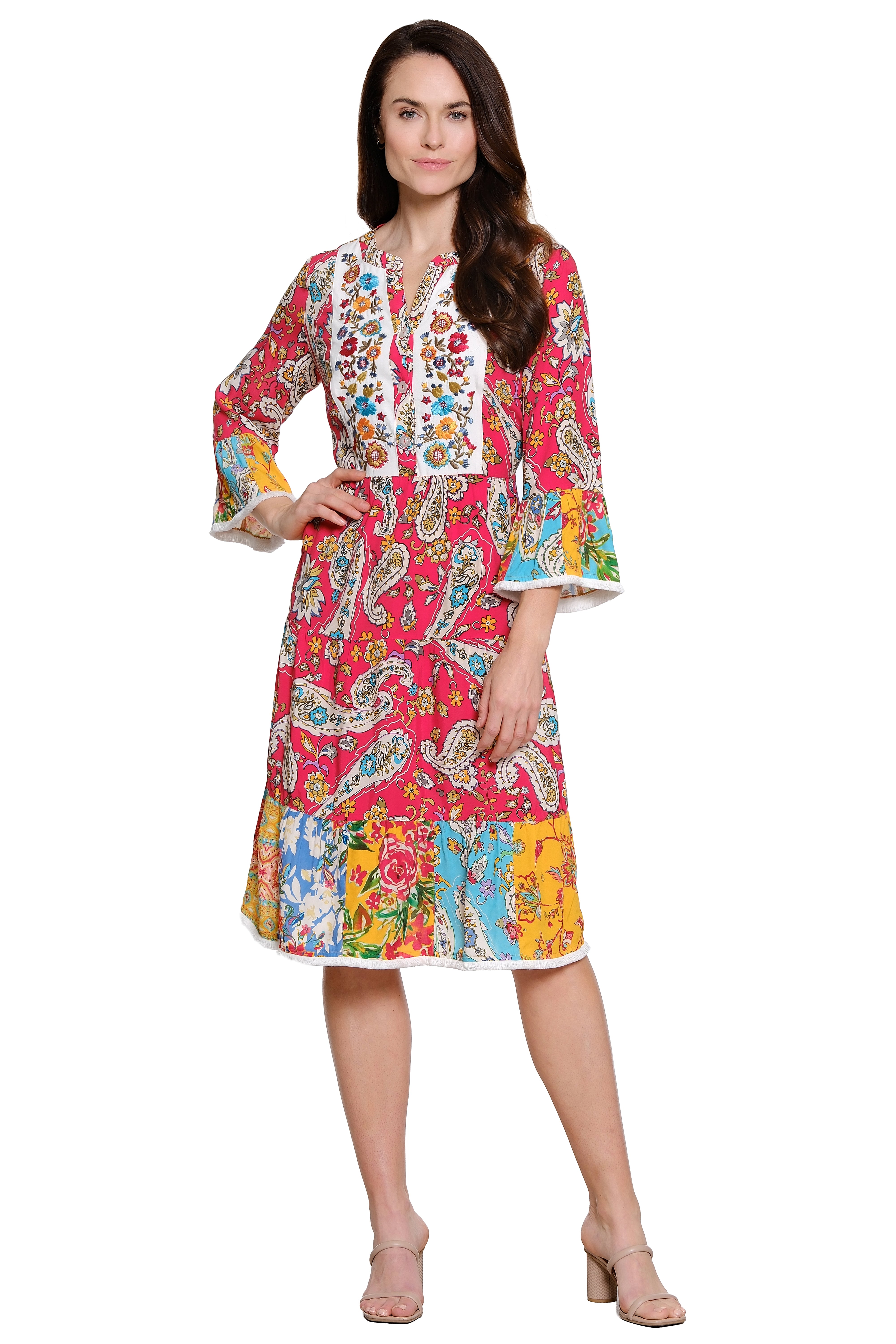 Embroidered Tiered Floral Print Dress 3/4 Bell Sleeve - Petite - Red Floral