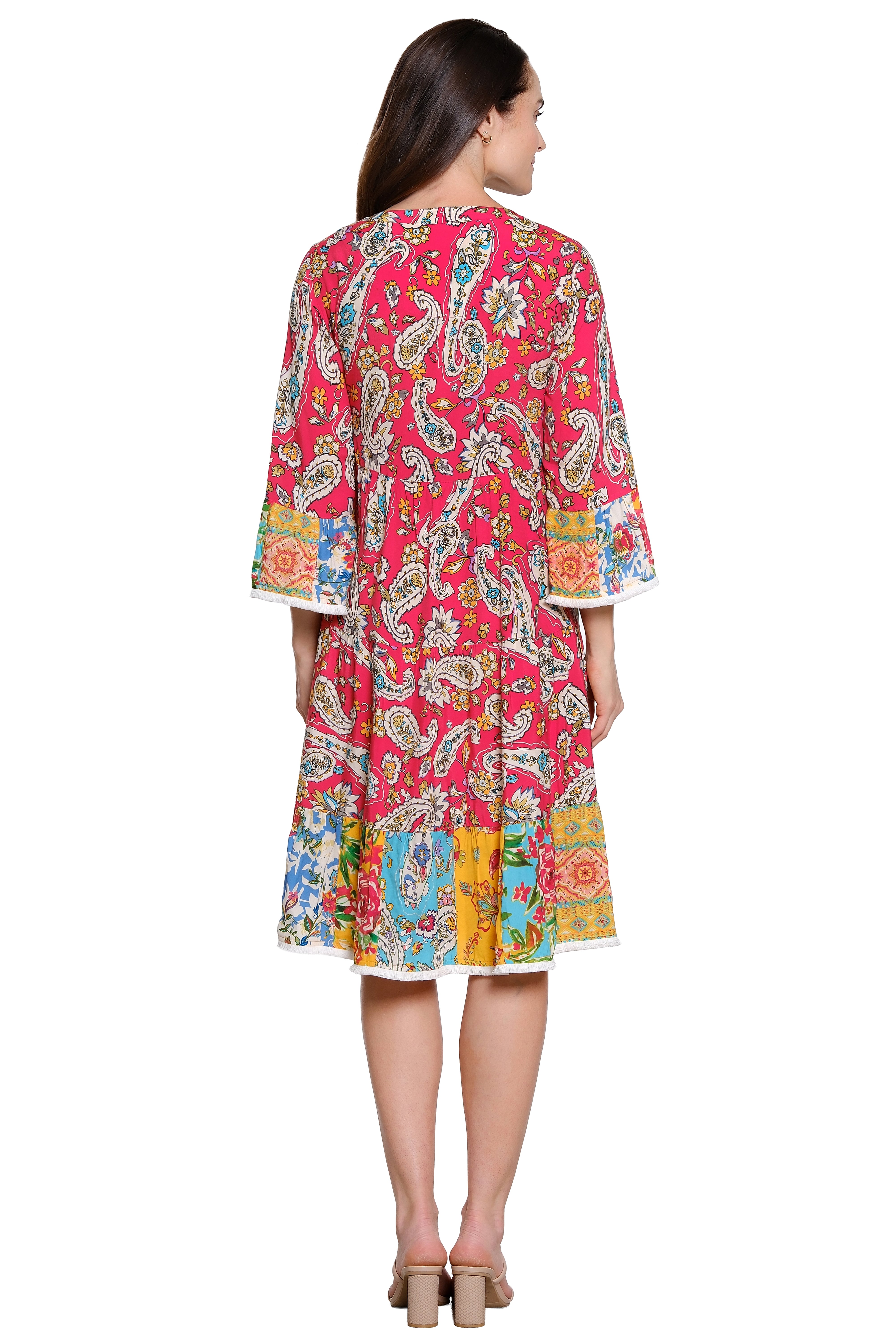 Embroidered Tiered Floral Print Dress 3/4 Bell Sleeve - Petite - Red Floral