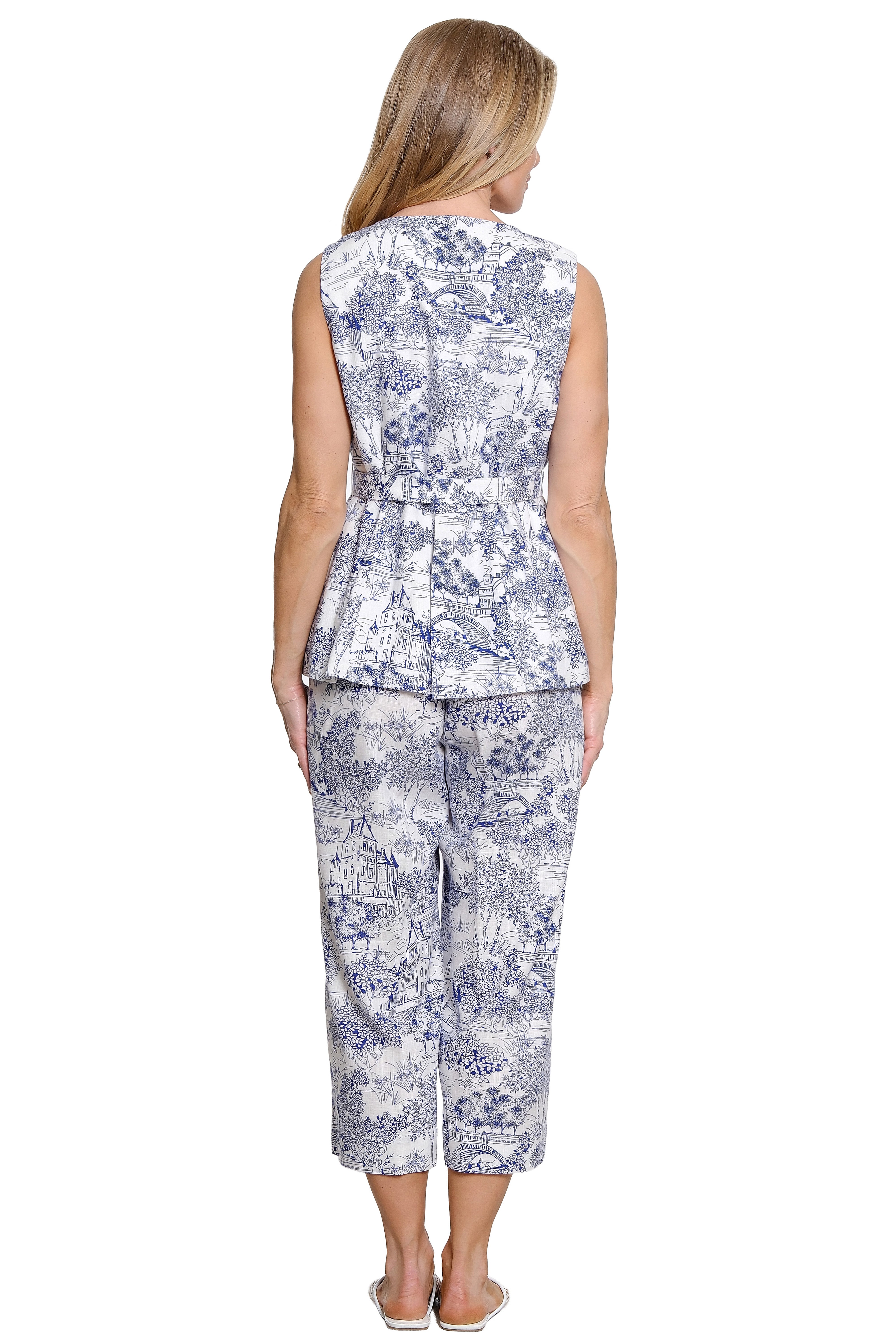 Toile Print Wide-Leg Pant - White/Blue