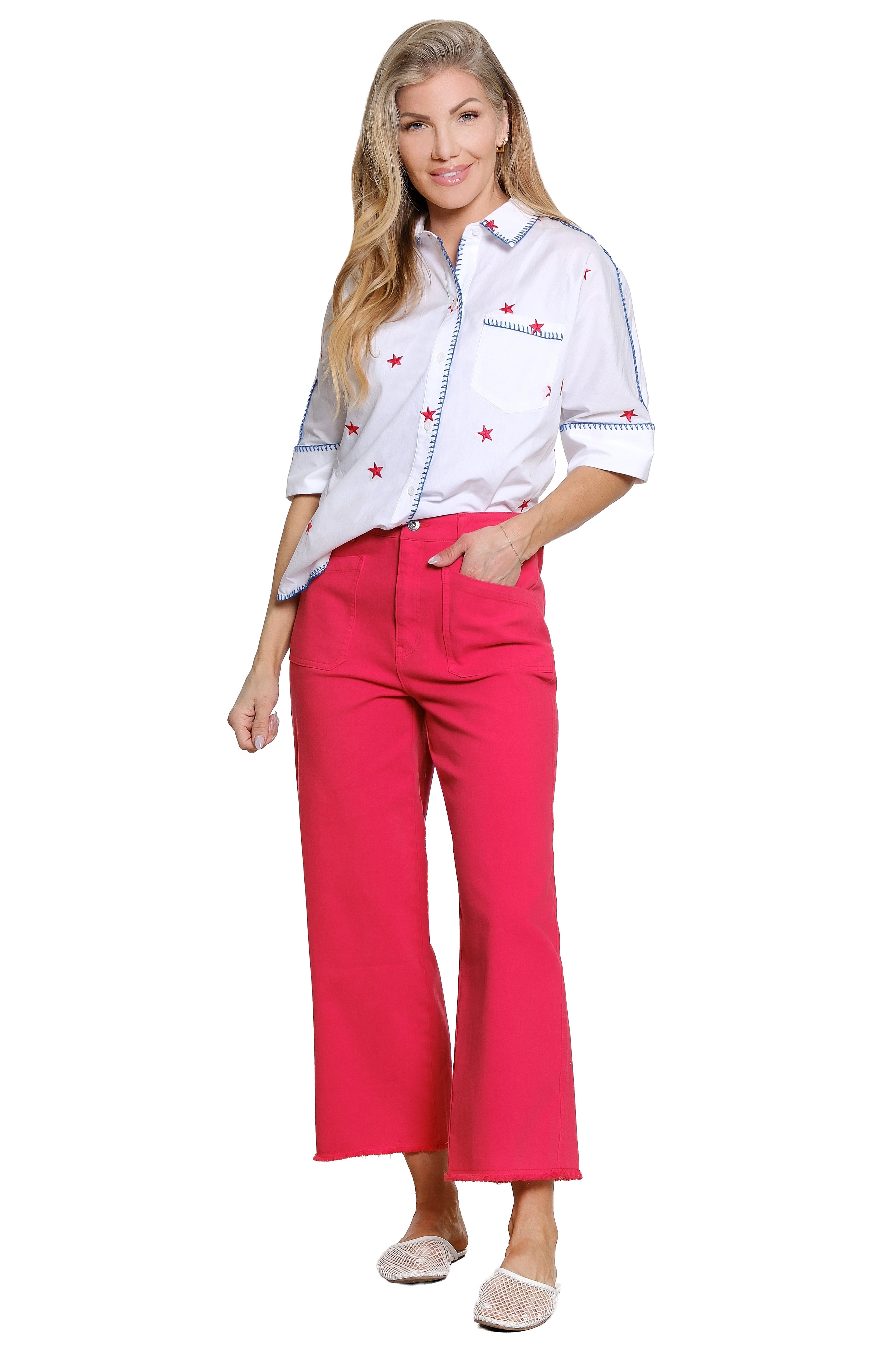 Wide Leg Pant Patch Pocket - Bright Red