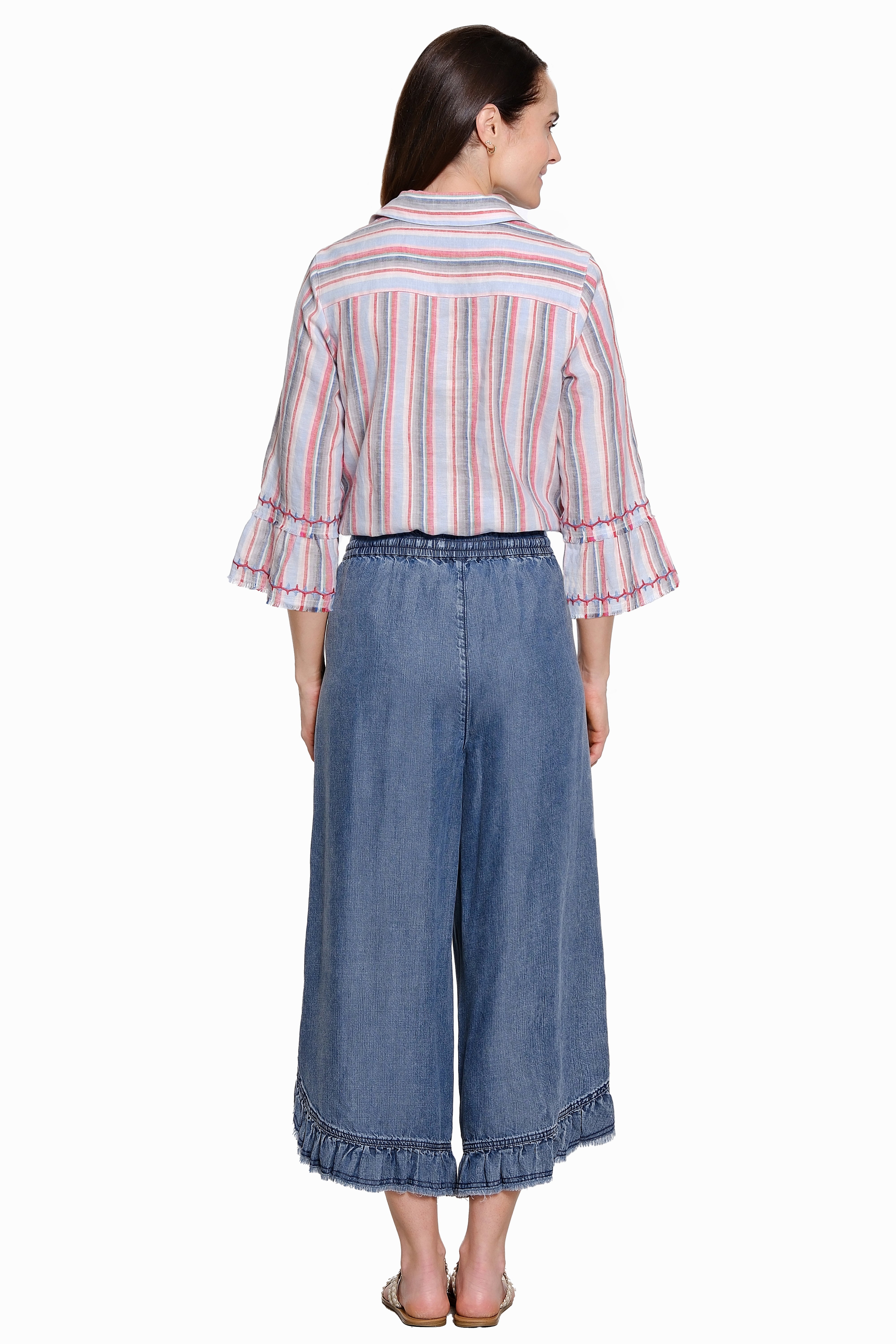 Wide-Leg Pull-On Pant Tie Waist Ruffle Trim - Denim